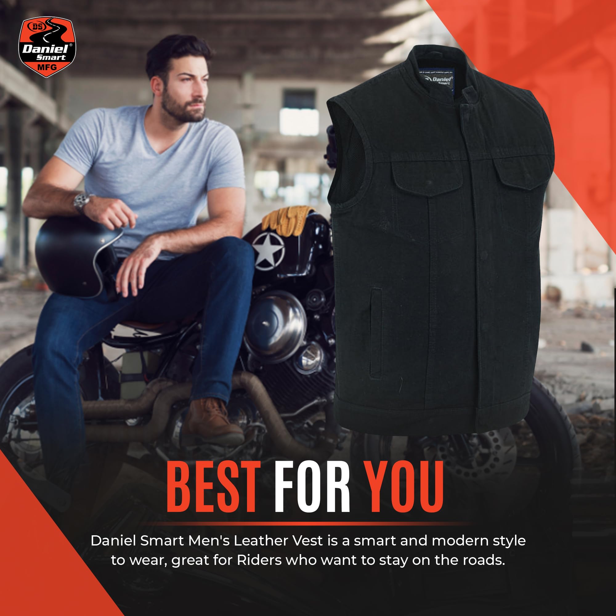 Daniel Smart Men's Denim Vest - Scoop Collar Motorcycle Jacket with Concealed Weapon Pockets & Hidden Zipper | Casual Wear, Biker Gear, Outdoor Adventure Clothing