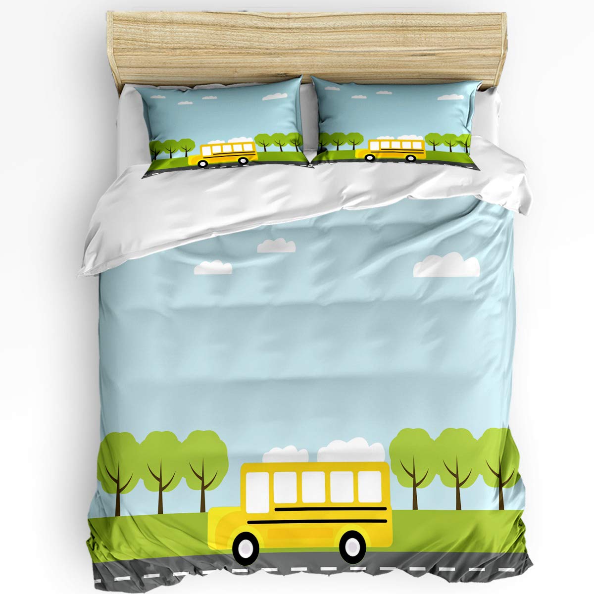 Crystal Emotion 3-Piece Highway School Bus Comforter Set - Twin Size Bedding with Flat Sheet & Pillow Shams for Adults & Kids | Cozy Bedspread for Dorm Rooms, Kids' Bedrooms & Road Trip Themed Decor