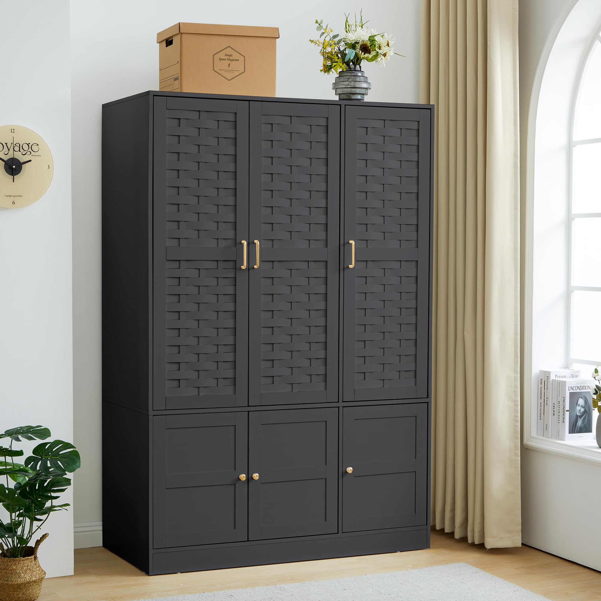 Large Wooden Armoire Wardrobe with 6 Woven Doors & 8 Shelves - Spacious Storage Cabinet with Metal Handles & Hanging Rod for Bedroom, Closet or Living Room Organization (Black)