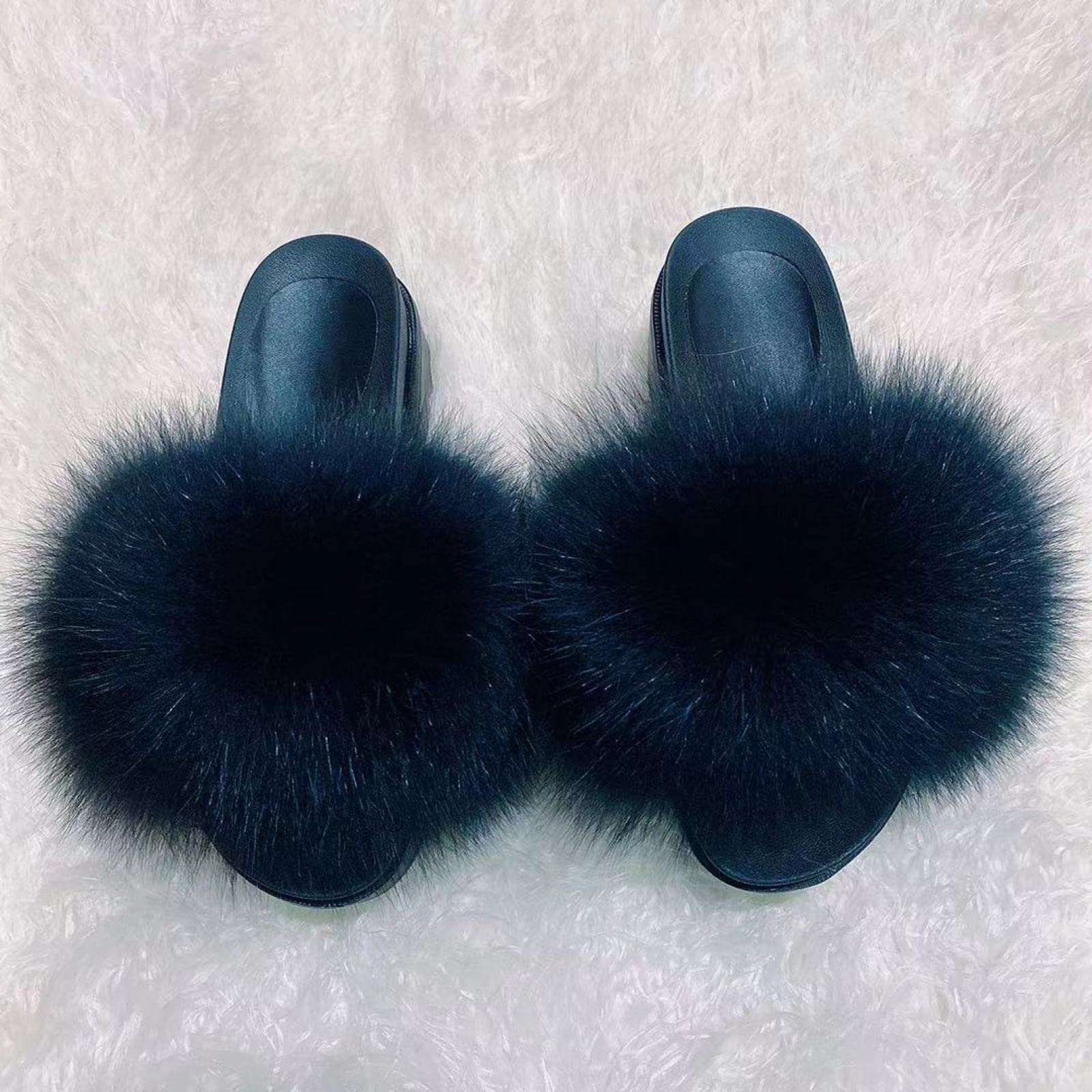 LANWE Fuzzy House Slippers for Women - Fox Fur Slippers with Thick Heel & High Heel Design - Black Size 42 - Soft Cushioned Indoor/Outdoor Slippers for Winter Comfort, Home, Office & Lounge Wear