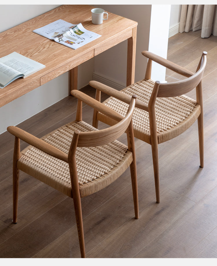 Solid Oak Wood Rope Woven Armchair - Handcrafted Leisure Chair for Living Room, Patio & Garden - Perfect for Relaxing, Reading & Outdoor Lounging