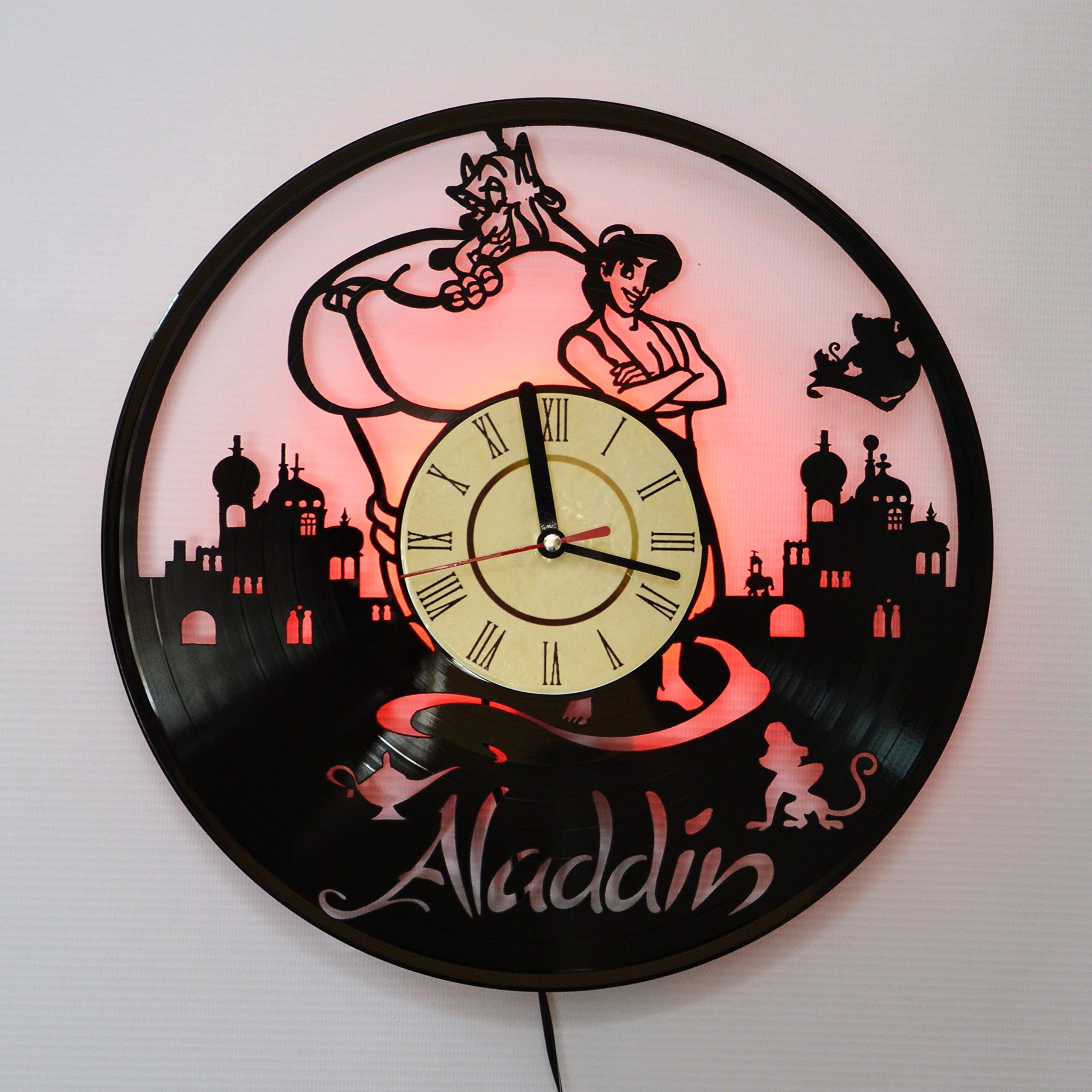 Red LED Backlit Aladdin Wall Clock - Vinyl Night Light, Creative Classic Decor for Living Room & Bedroom | Perfect for Home, Office & Gift Giving
