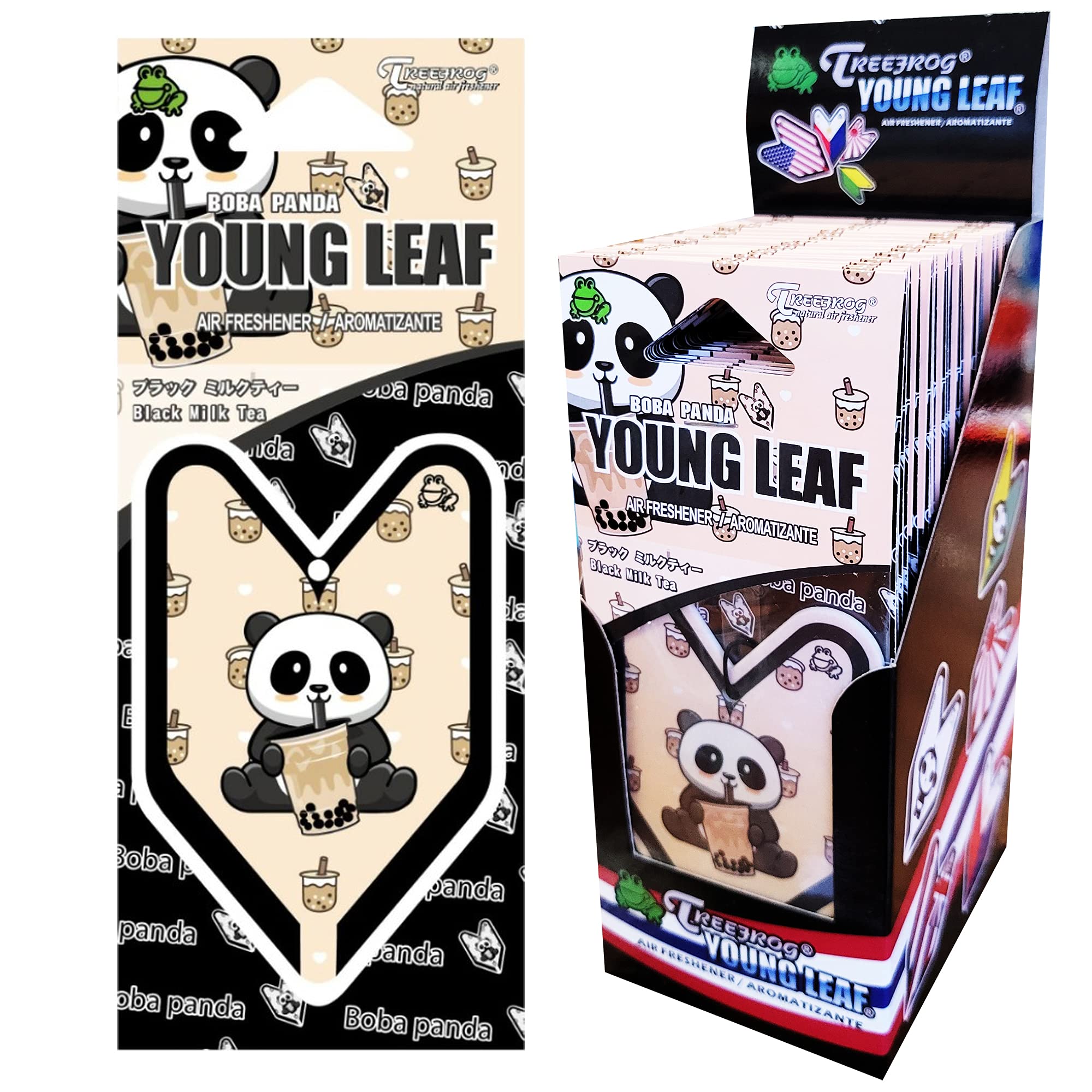 Treefrog Young Leaf Black Milk Tea 24-Pack (1-Box) - Premium Boba Bubble Tea Bags for Home & Office | Panda Car Hanging Air Freshener - Cute Aromatic Decor for Vehicles & Workspaces