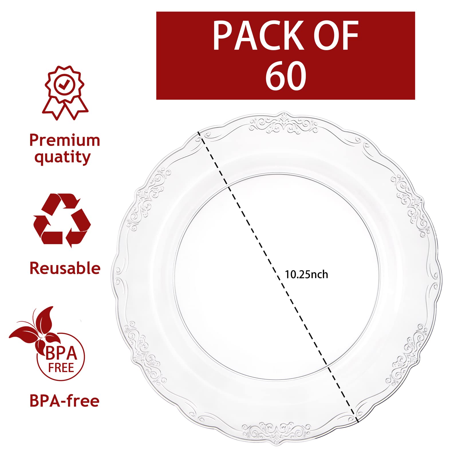60-Pack Clear Plastic Plates 10.25 Inch - Reusable & Washable Durable Dinner Plates for Parties, Weddings, Birthdays & Events - Premium Disposable Tableware for Indoor/Outdoor Celebrations, Picnics & Catering
