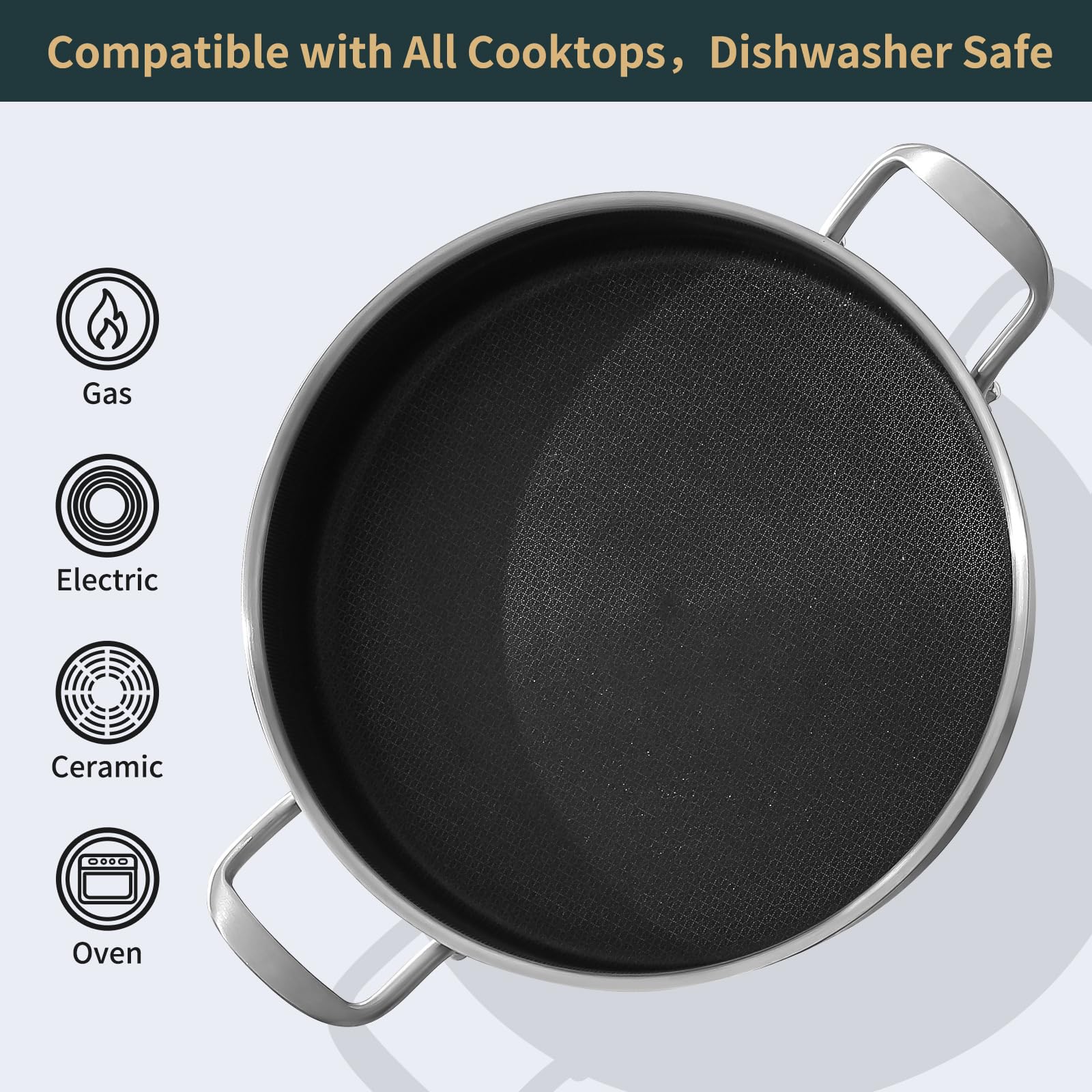 5 Quart Tri-Ply Hybrid Nonstick Stainless Steel Saute Pan with Lid - 12 Inch Deep Frying Pan & Rondeau Pot - Oven & All Cooktops Safe up to 600℉ - Perfect for Searing, Frying & Braising - Ideal for Home Chefs & Professional Kitchens