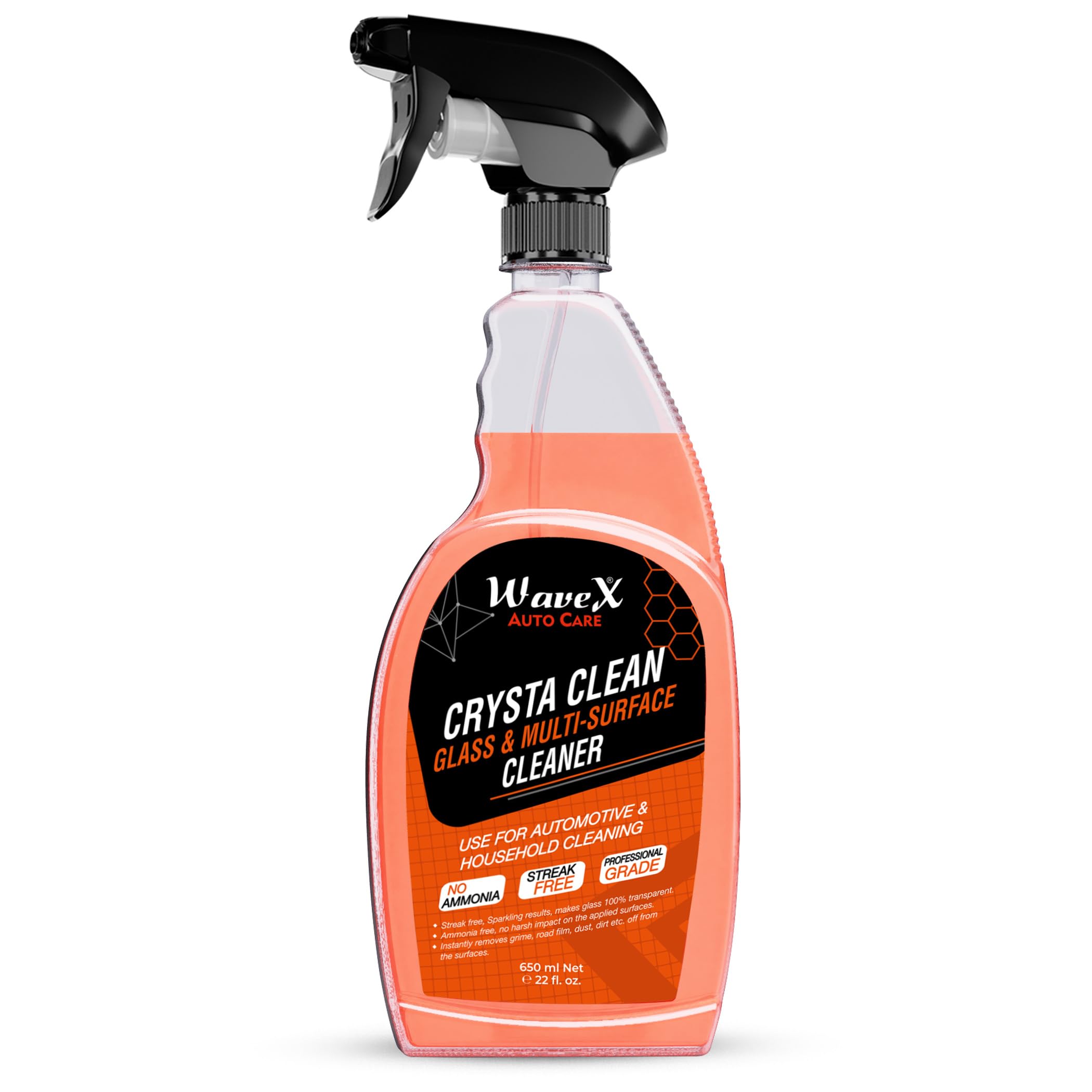 Wavex Crysta Clean 650ml Professional Automotive Glass Cleaner | Streak-Free, Multi-Surface Formula for Car Windows, Mirrors & Home Glass | Perfect for Cars, Trucks, Motorcycles & Household Use