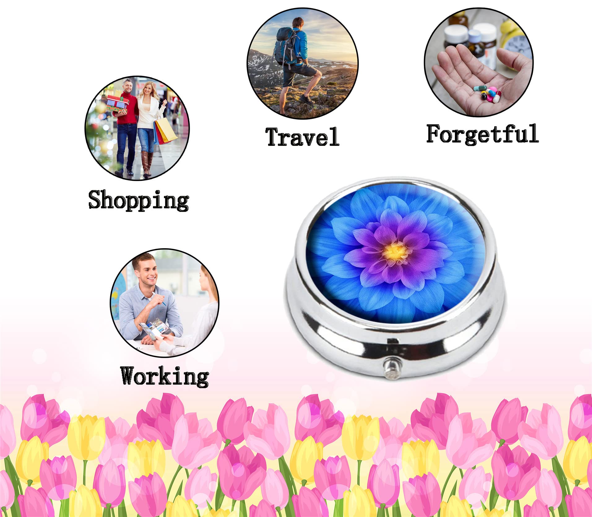 Custom Fashion Round Pill Box - Portable Tablet Holder & Purse Organizer with Blue Watercolor Lotus Design - Perfect for Travel, Daily Medication & Jewelry Storage