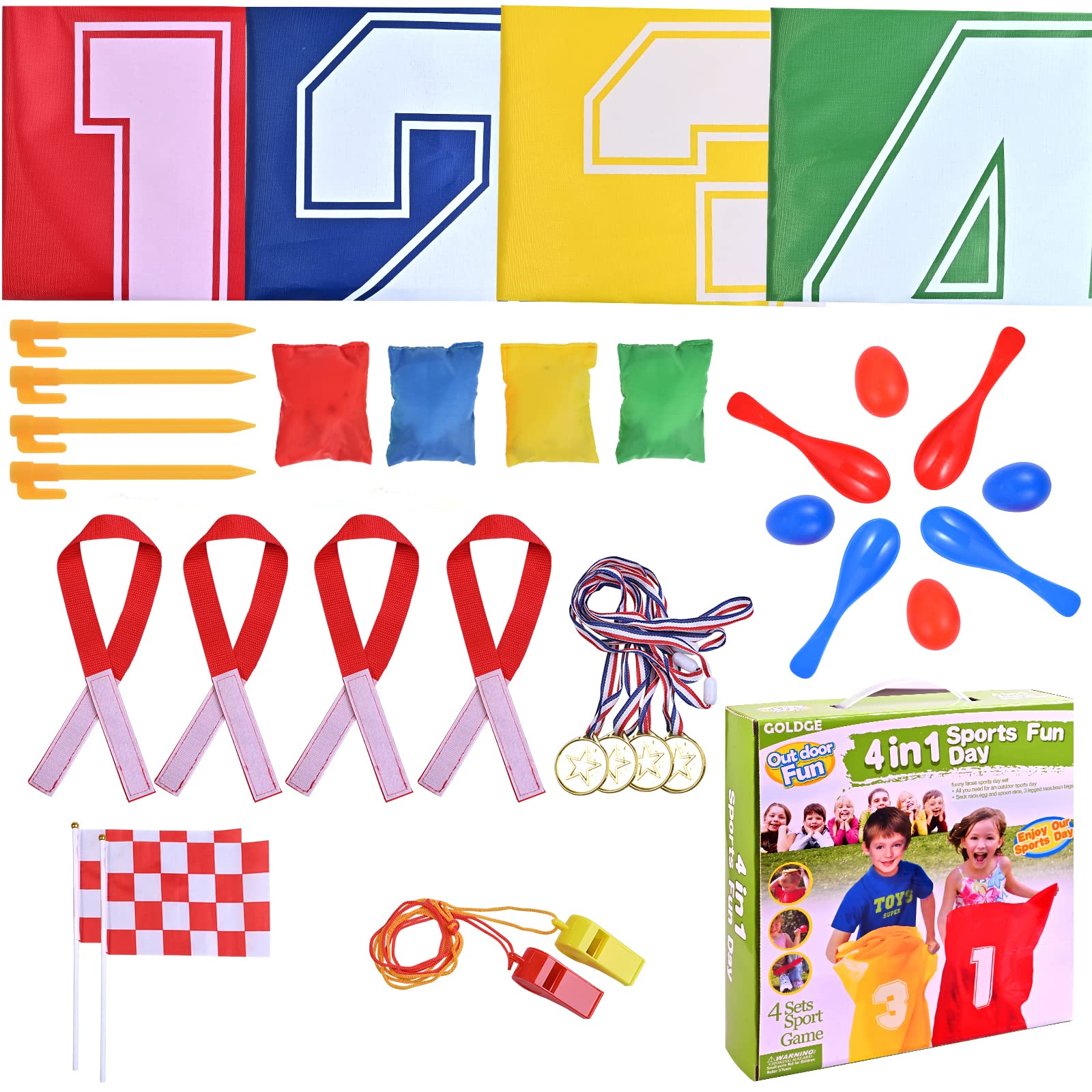 GOLDGE 28-Piece Kids Outdoor Games Set - Potato Sack Race Bags, Bean Bag Toss, 3-Legged Race Bands & Egg Spoon Relay - Perfect for Easter, Birthday Parties & Backyard Fun