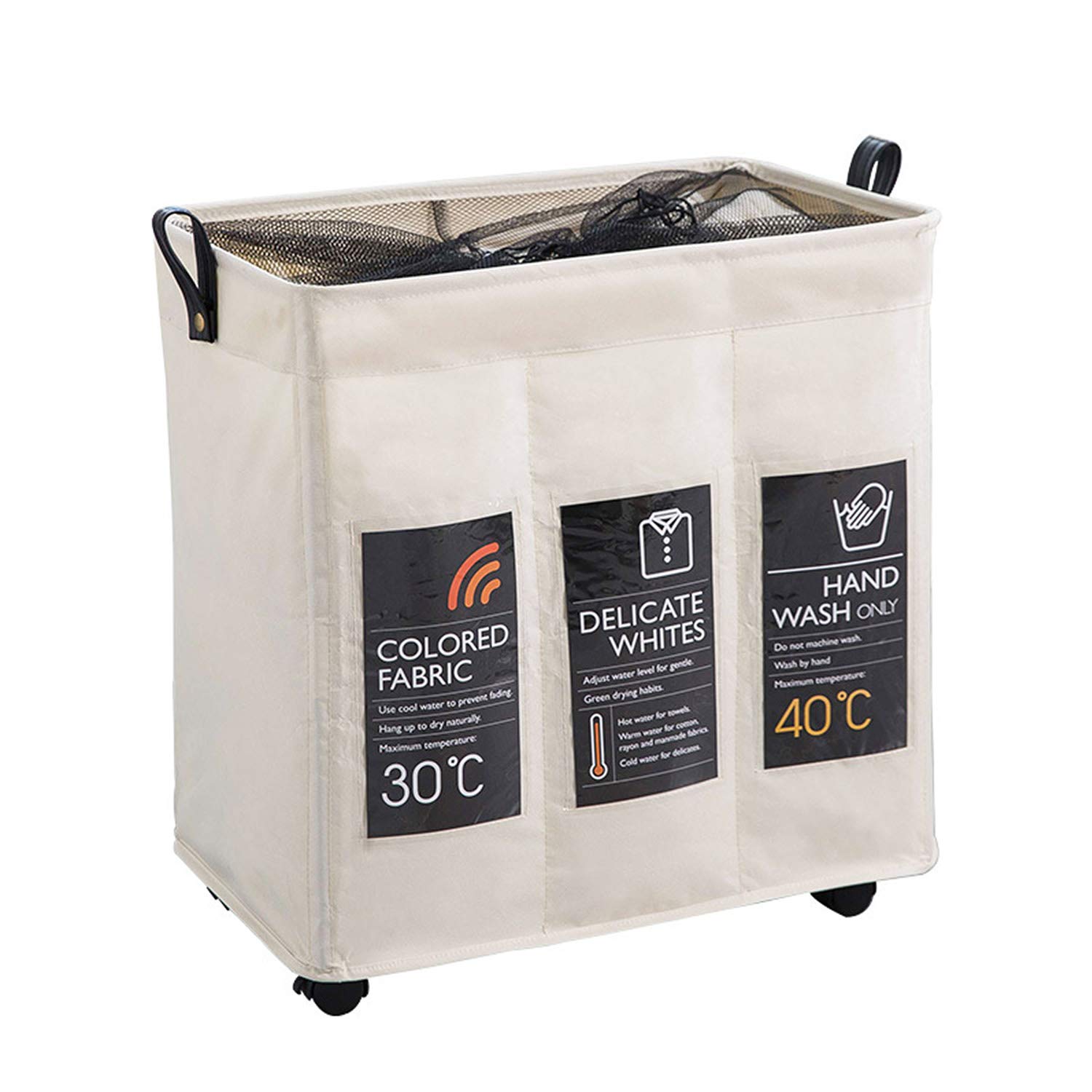 3-Pack Foldable Laundry Hamper with Wheels & Removable Bags - Beige Collapsible Rolling Laundry Basket for Bedroom, Bathroom & Closet Storage - Space Saving Corner Laundry Organizer