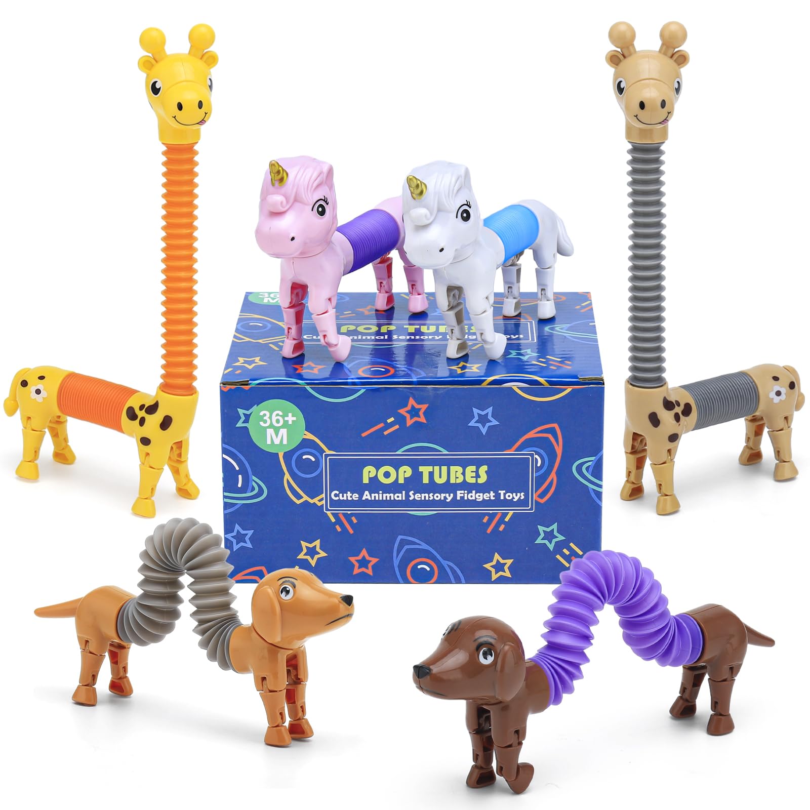 6Pcs Animal Pop Tubes Fidget Toys - Sensory Toys for Kids Ages 3-8, Autism Stress Relief, Easter Basket Stuffers, Party Favors & Classroom Prizes - Perfect for Birthday Gifts, Piñata Fillers and Calming Sensory Play at Home or School
