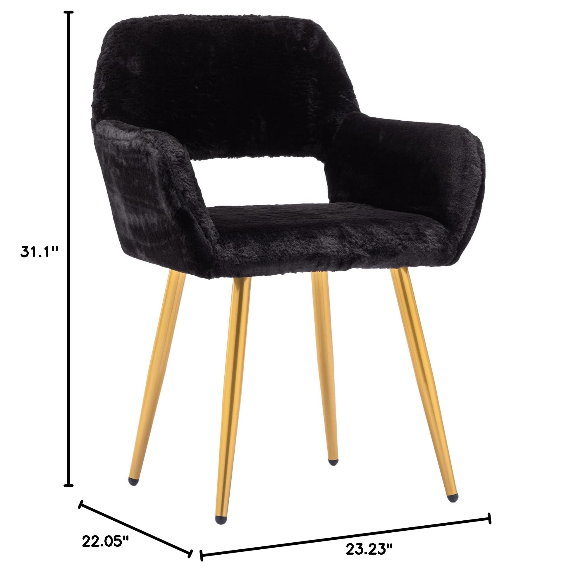 KCC Furry Desk Chair - Mid-Century Modern Faux Fur Accent Chair for Teen Girls & Women, Comfortable Armchair with Wood-Look Metal Legs for Living Room, Dining Room, Home Office, Vanity Makeup Desk - No Wheels, Black - Perfect for Cozy Reading Nooks & Stylish Workspaces