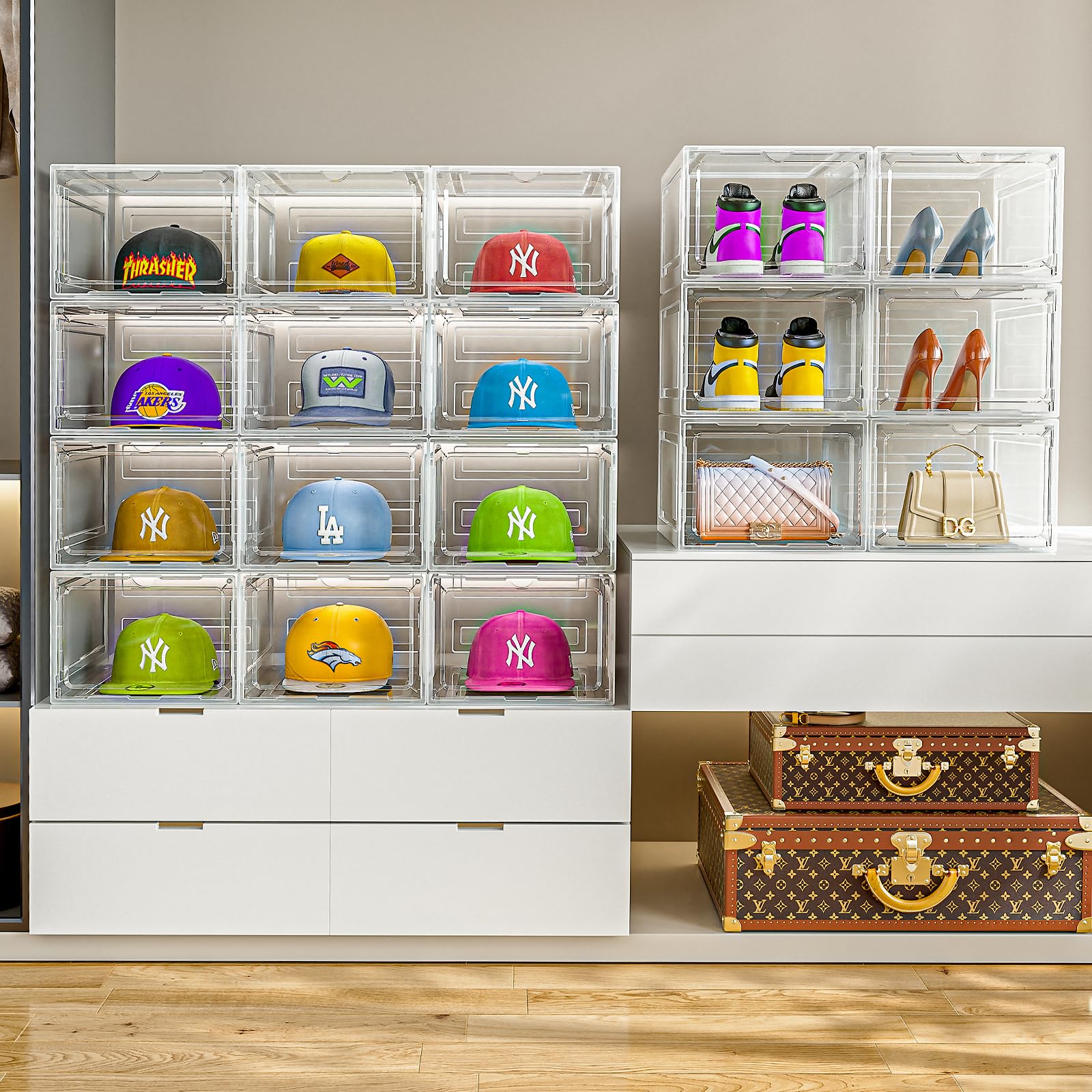 6-Pack Clear Plastic Baseball Cap Organizer Box with Magnetic Door - Hat Storage & Display Case for Closet, Holds 8 Caps Each - Perfect for Snapback, Dad Hats & Caps Collection Organization