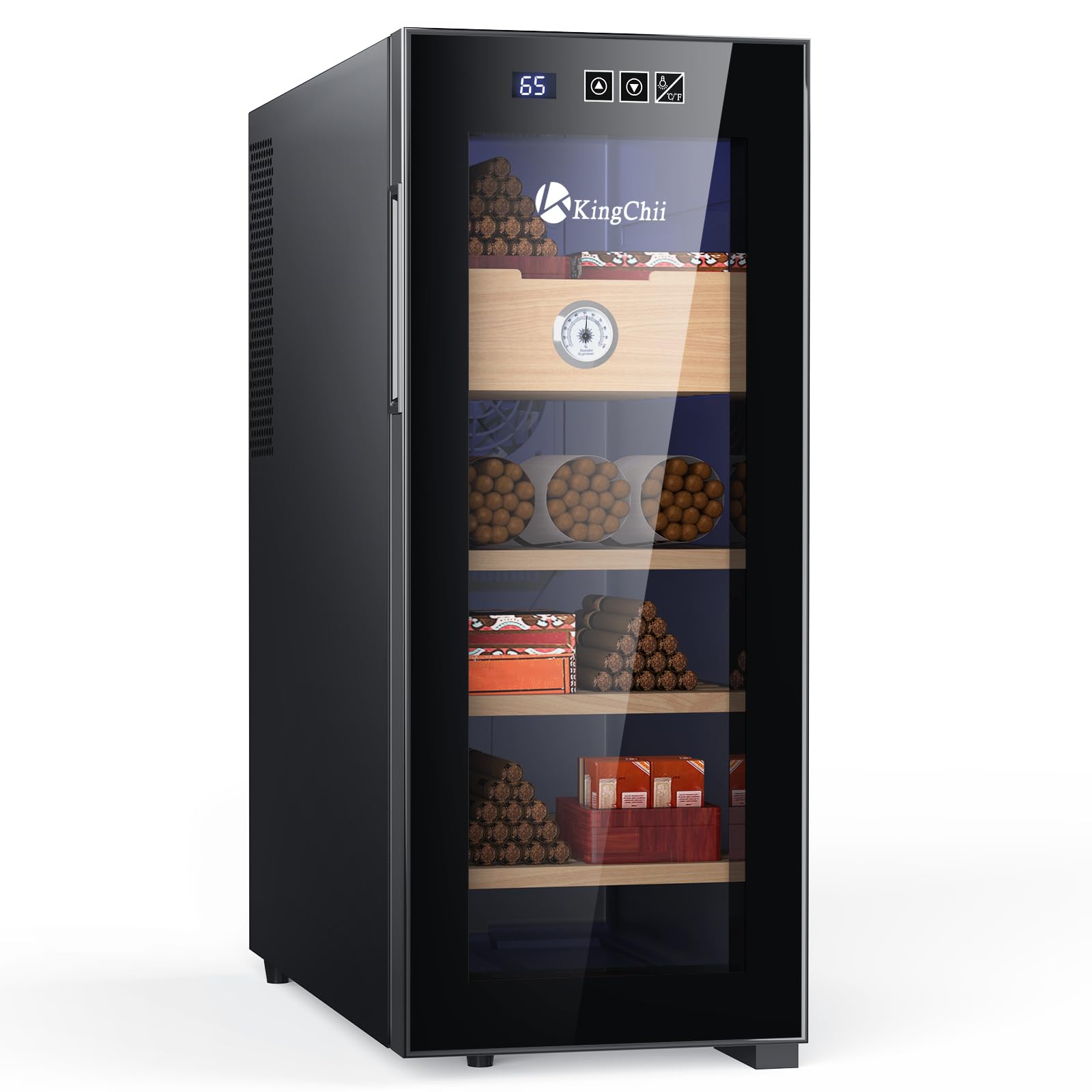 KingChii 33L Electric Cigar Humidor Cabinet with Temperature Control System - Cooling & Heating Cigar Storage with Spanish Cedar Wood Shelves & Digital Hygrometer - Perfect for Cigar Collectors & Father's Day Gifts (4 Layers, 250 Cigar Capacity) - Ideal for Home, Office & Cigar Lounge Use