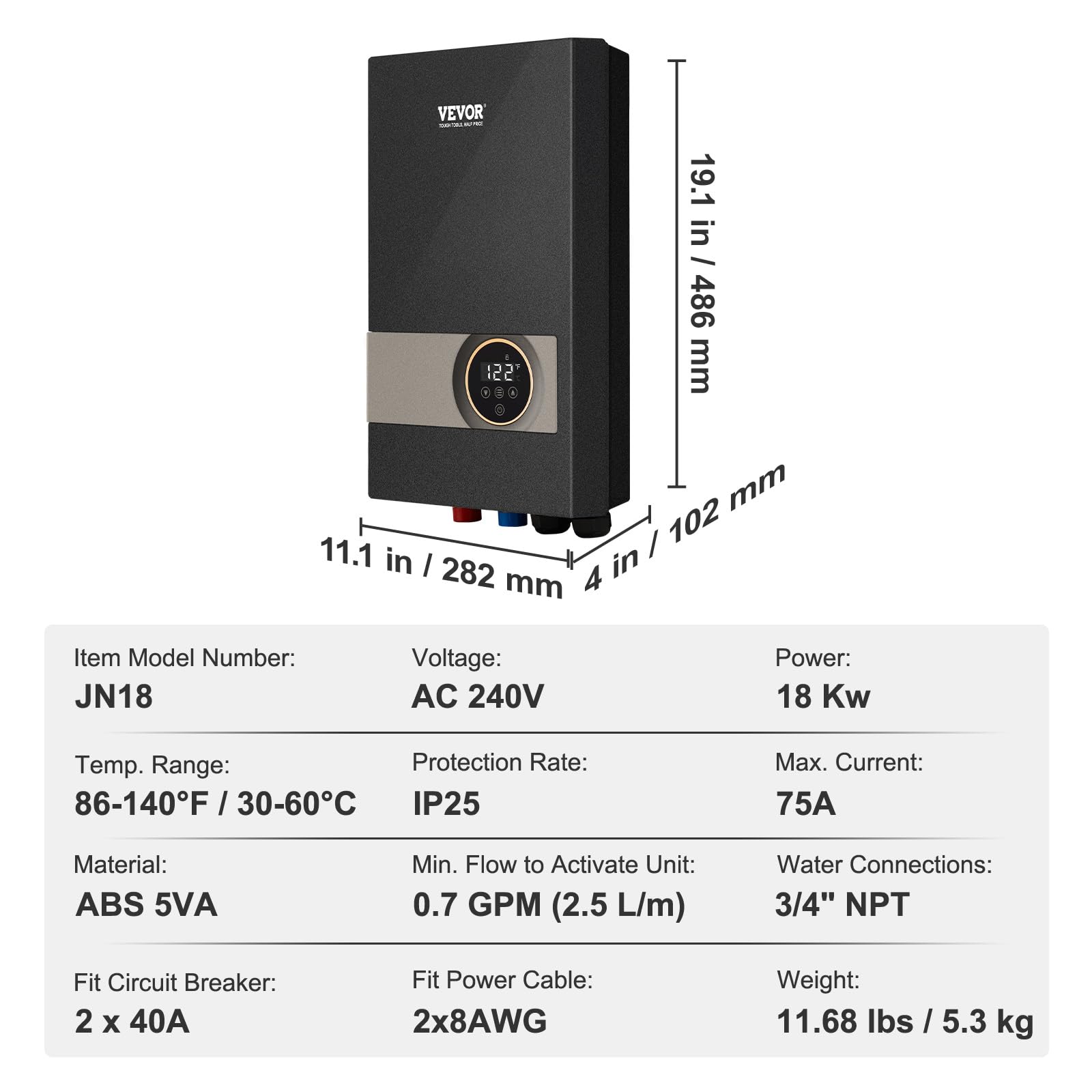 VEVOR 18KW Electric Tankless Water Heater - Instant Hot Water On Demand with Digital Temperature Display | Easy Installation & 24/7 Continuous Flow | Perfect for Kitchen, Bathroom, Shower, Salon & Commercial Use