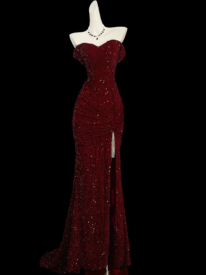 Burgundy Off Shoulder Mermaid Sequin Prom Dress - Elegant Evening Gown for Homecoming, Pageant & Formal Events - Style J6749