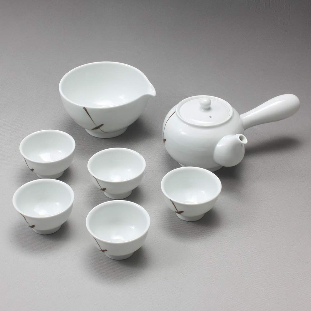 Premium Korean White Porcelain Bamboo Leaf Tea Set - 11.8oz (350ml) Ceramic Teapot with Side Handle, Cups & Cooling Pitcher - Complete Tea Ceremony Gift Set for Home, Office & Traditional Korean Tea Parties