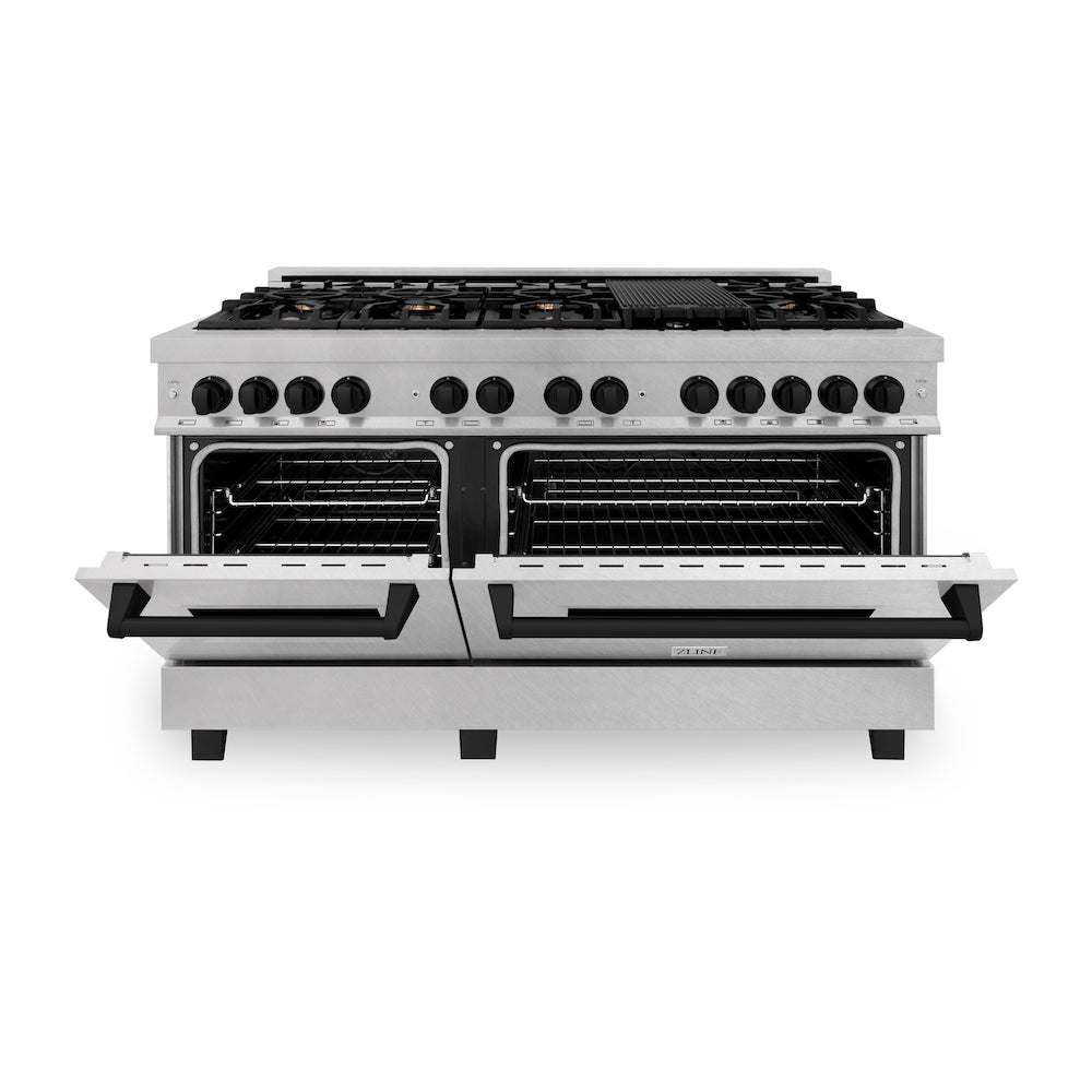 ZLINE Autograph Edition 60-inch 7.4 cu. ft. Dual Fuel Range with 9 Burner Gas Cooktop & 2 Electric Convection Ovens - Satin Stainless Steel & Matte Black (RASZ SN 60 MB) | Professional Kitchen Appliance for Home Chefs & Cooking Enthusiasts