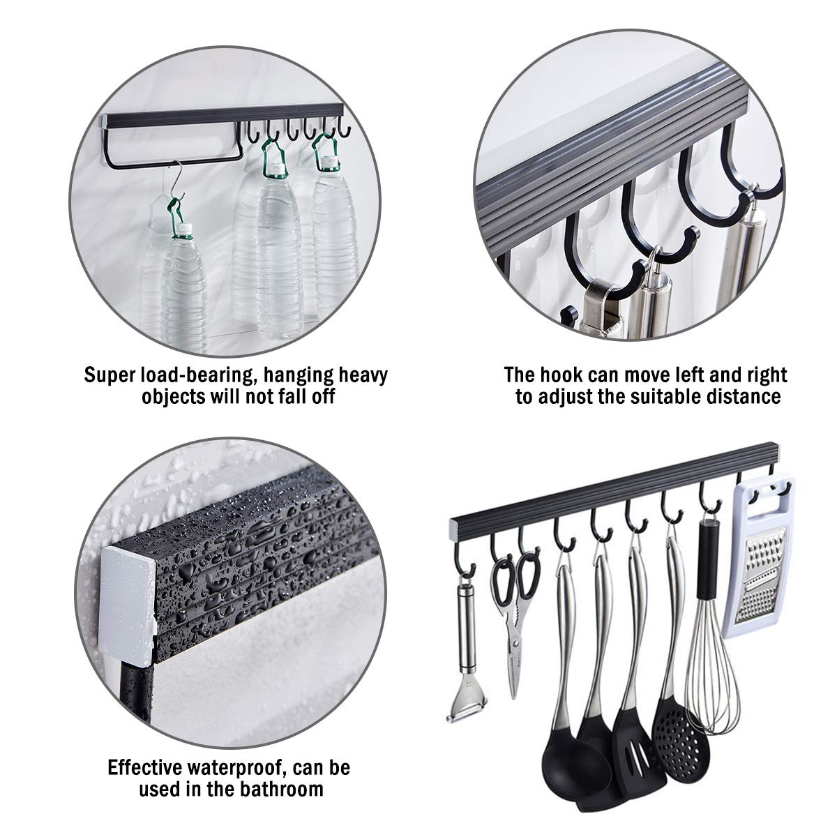 Wall Mounted Kitchen Utensil Holder - No Drilling Hanging Rack with 10 Hooks for Spoons, Spatulas & Tools - Perfect for Kitchen, Bathroom, Bedroom & Office Organization