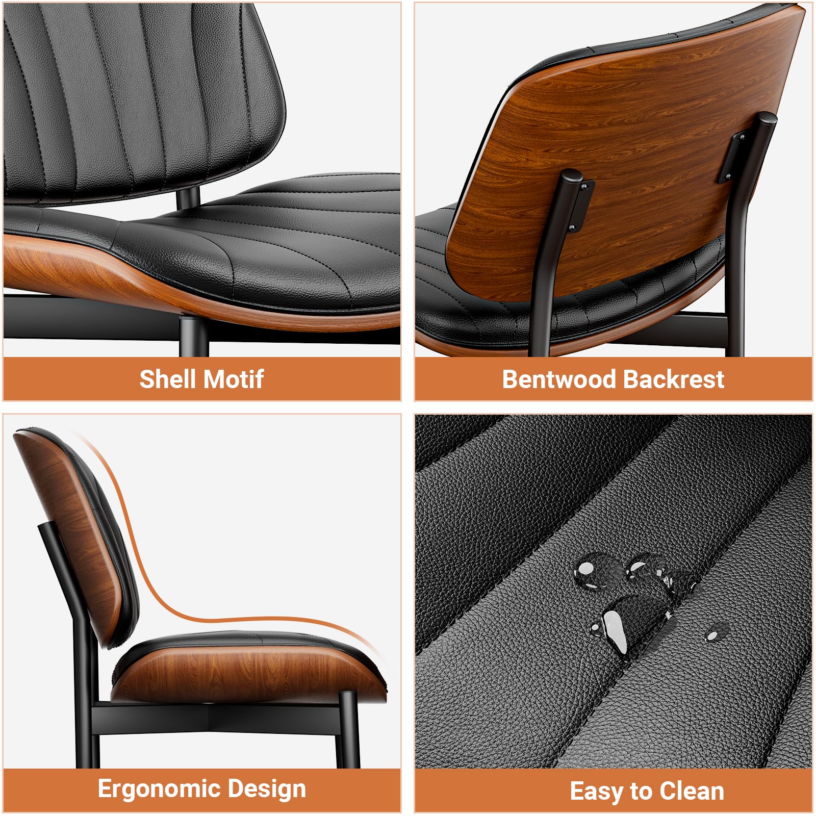 4-Piece Mid Century Modern Dining Chairs Set - FSC Certified PU Leather Upholstered Chairs with Walnut Bentwood & Metal Legs - Perfect for Kitchen, Dining Room or Vanity Area - Black Contemporary Seating