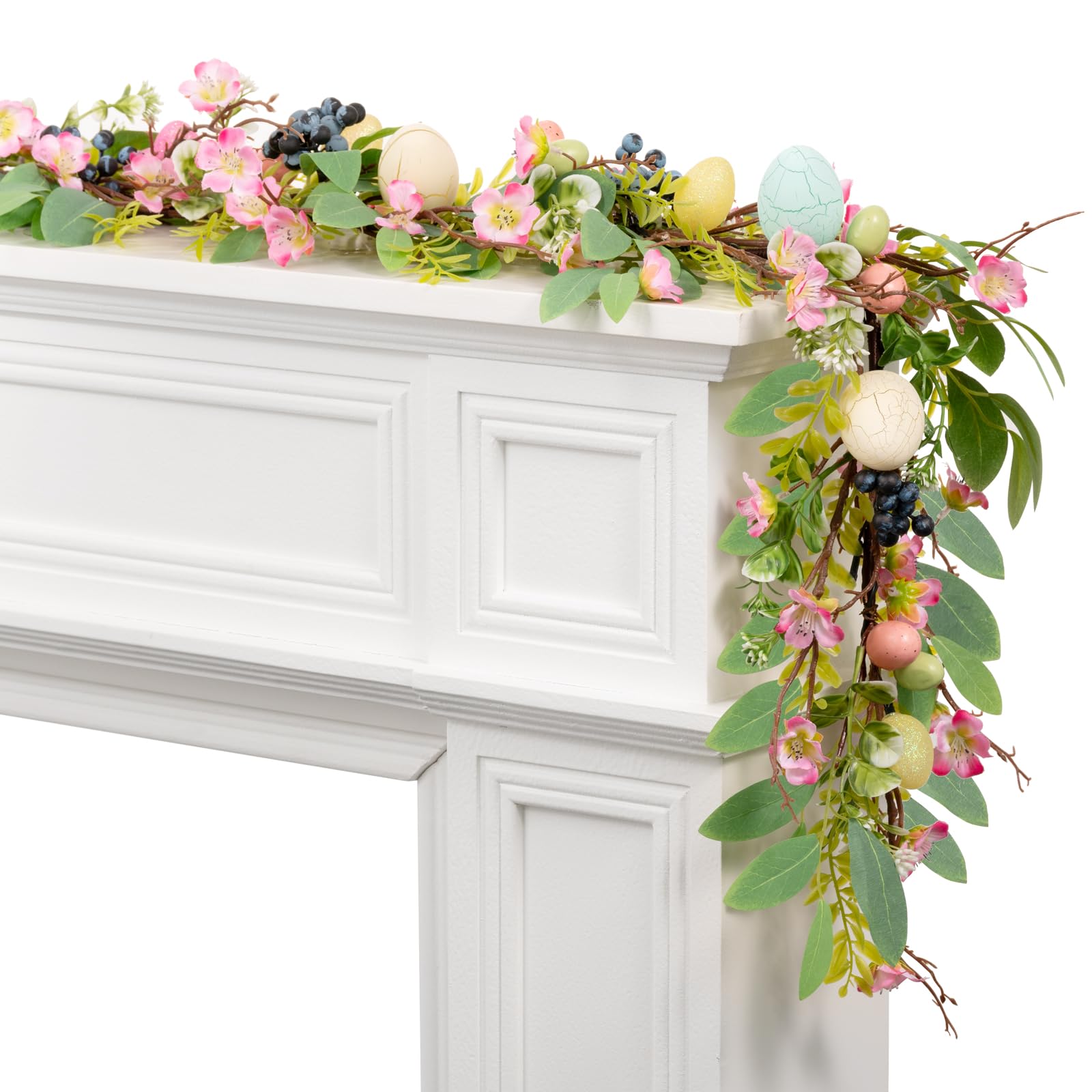 6FT LED Easter Garland with Artificial Eggs & Pip Berries - Spring Vine String Lights for Fireplace Mantle, Arch Decor, Wreath Making - Perfect for Easter, Spring Home Decor & Party Decoration (Rhododendron Design)