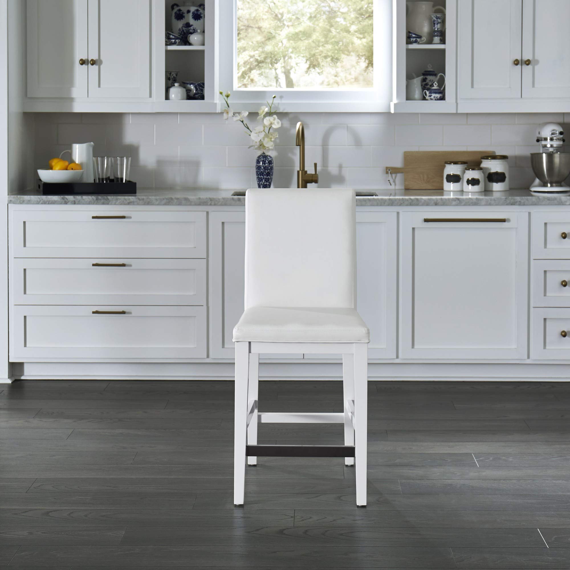 Home Styles Linear White Counter Stool - Modern Kitchen Bar Stool with Back Support for Breakfast Nook, Kitchen Island & Home Bar