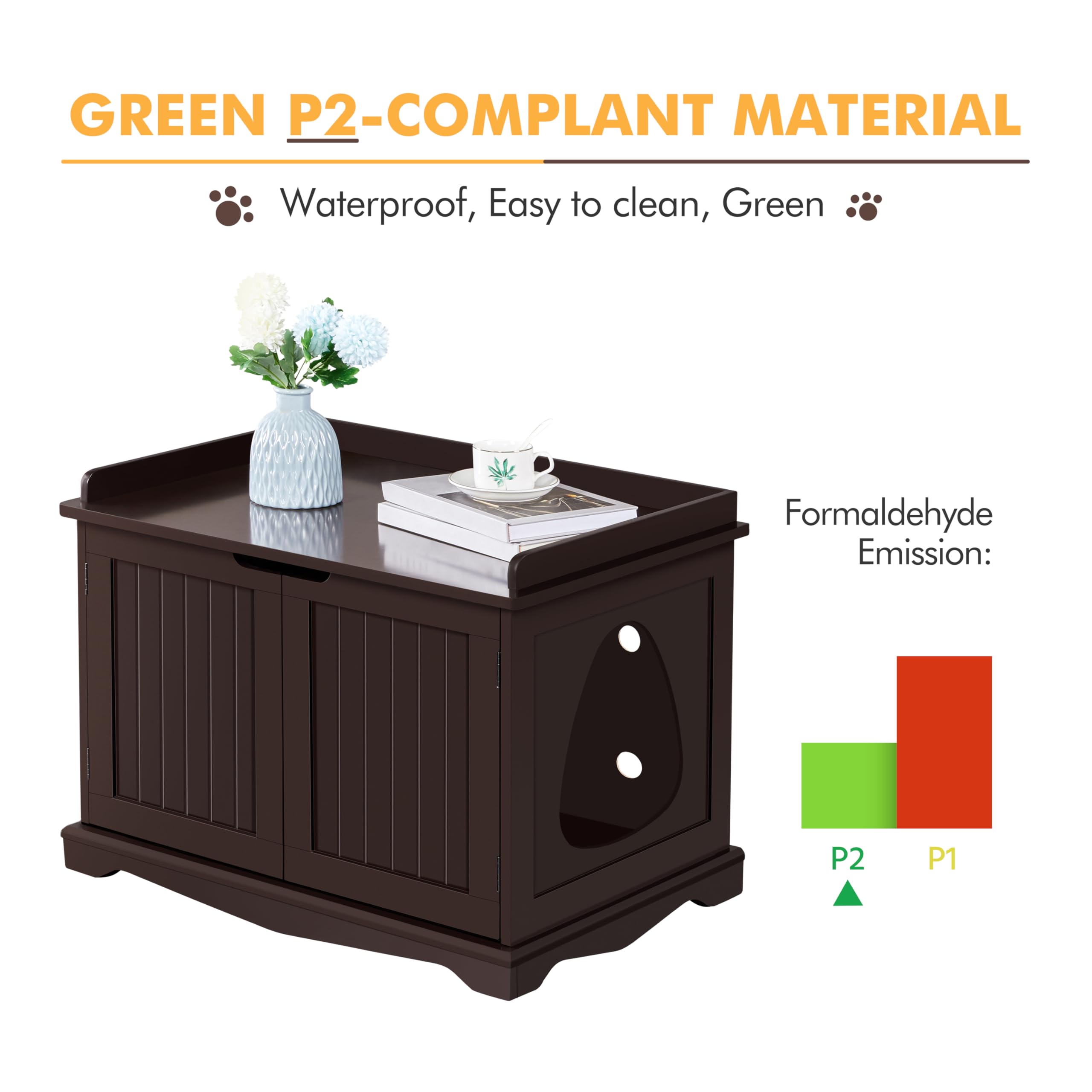 Yaheetech Wooden Cat Litter Box Enclosure - Hidden Cat Washroom Cabinet with Storage, Indoor Cat Litter Box Furniture for Large Cats, Decorative Pet Side Table & Bench - Espresso Finish | Perfect for Small Spaces, Living Rooms & Pet-Friendly Homes