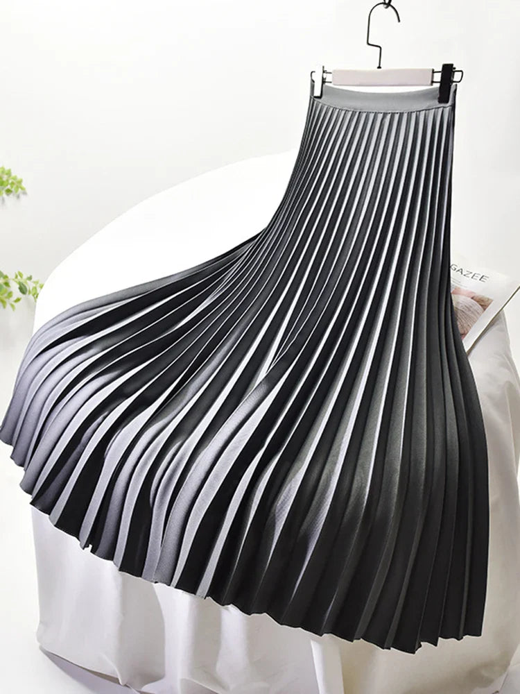 Brand Designer Women's High Waist Pleated Skirt - Elegant Solid Color A-Line Skirt with Elastic Waistband for Spring & Autumn | Office Wear, Party Outfits, Casual Chic Fashion