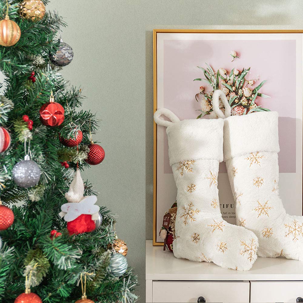 2PCS Luxury White Faux Fur Christmas Stockings - 22inch Large Hanging Xmas Socks with Gold Sequin Snowflake Design for Fireplace Mantel Decor, Holiday Gift Exchange & Cozy Winter Home Decor