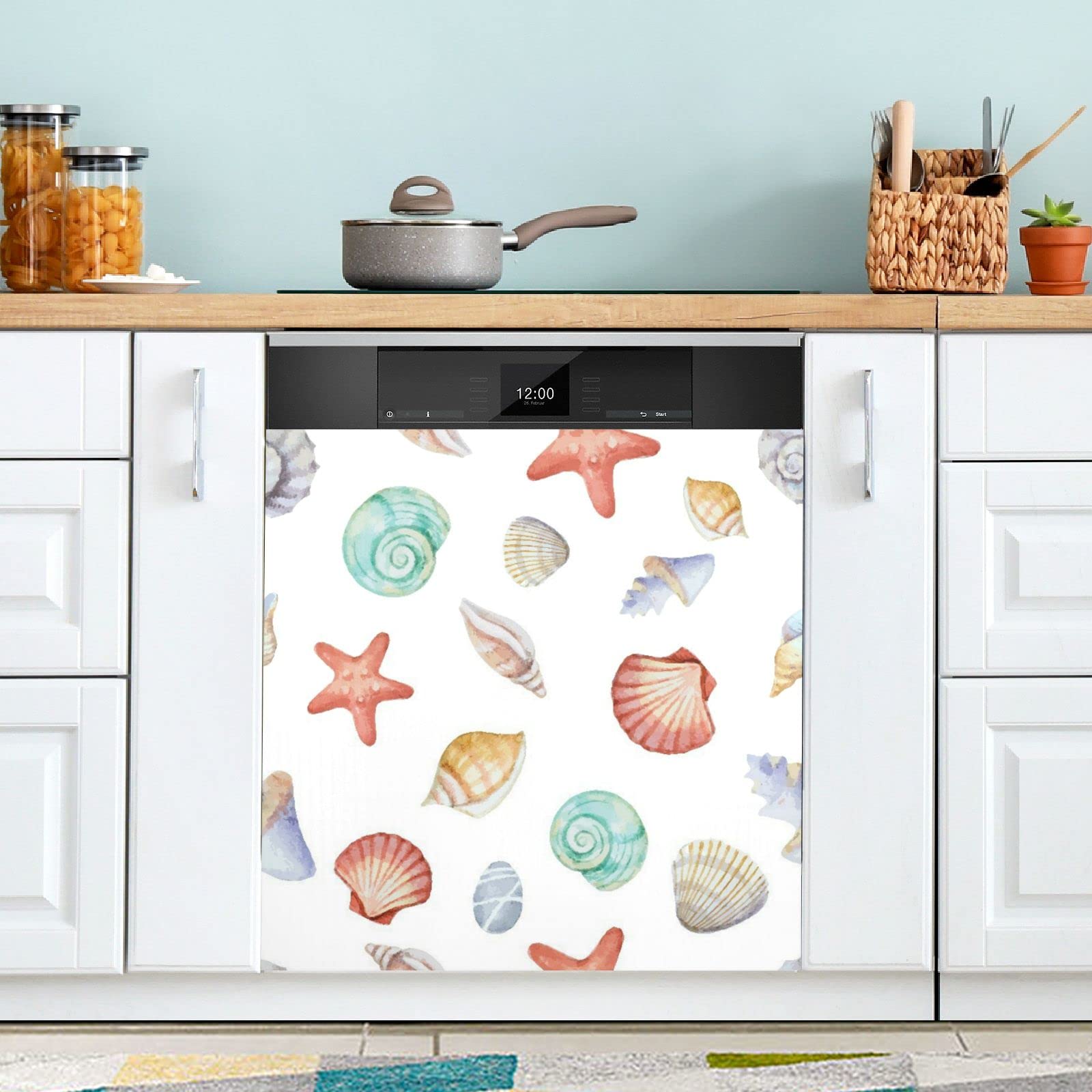 Watercolor Nautical Shells Dishwasher Magnet Cover - Decorative Spiral Scallop Design for Dishwasher, Fridge & Washing Machine - Rustic Seashore Theme Kitchen Decor (Perfect for Beach House, Coastal Kitchen & Laundry Room)