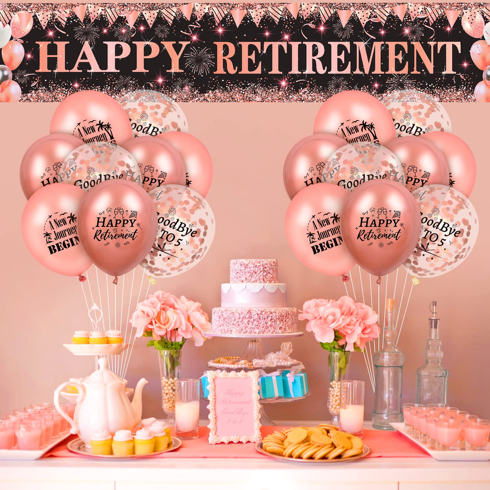 Elegant Rose Gold & Black Retirement Banner with 18 Balloons - Perfect for Women's Retirement Party Decorations, Farewell Celebrations & Anniversary Events - Yard Sign, Wall Decor & Party Supplies