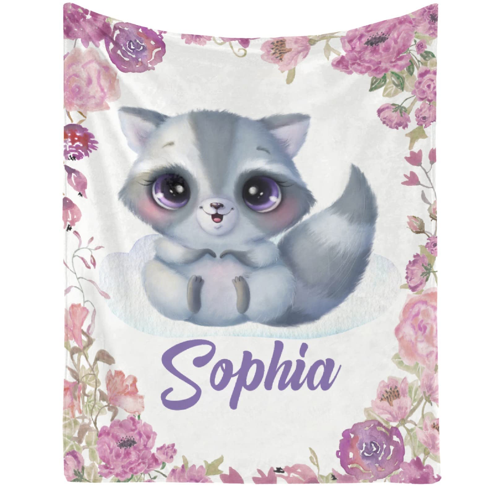 Personalized Baby Girl Name Blanket - Soft Comfy Flannel Custom Blanket for Newborns & Toddlers - Floral Raccoon Fleece Nursery Throw - Perfect for Birthday Gifts, Nursery Decor, Bed & Sofa - 90