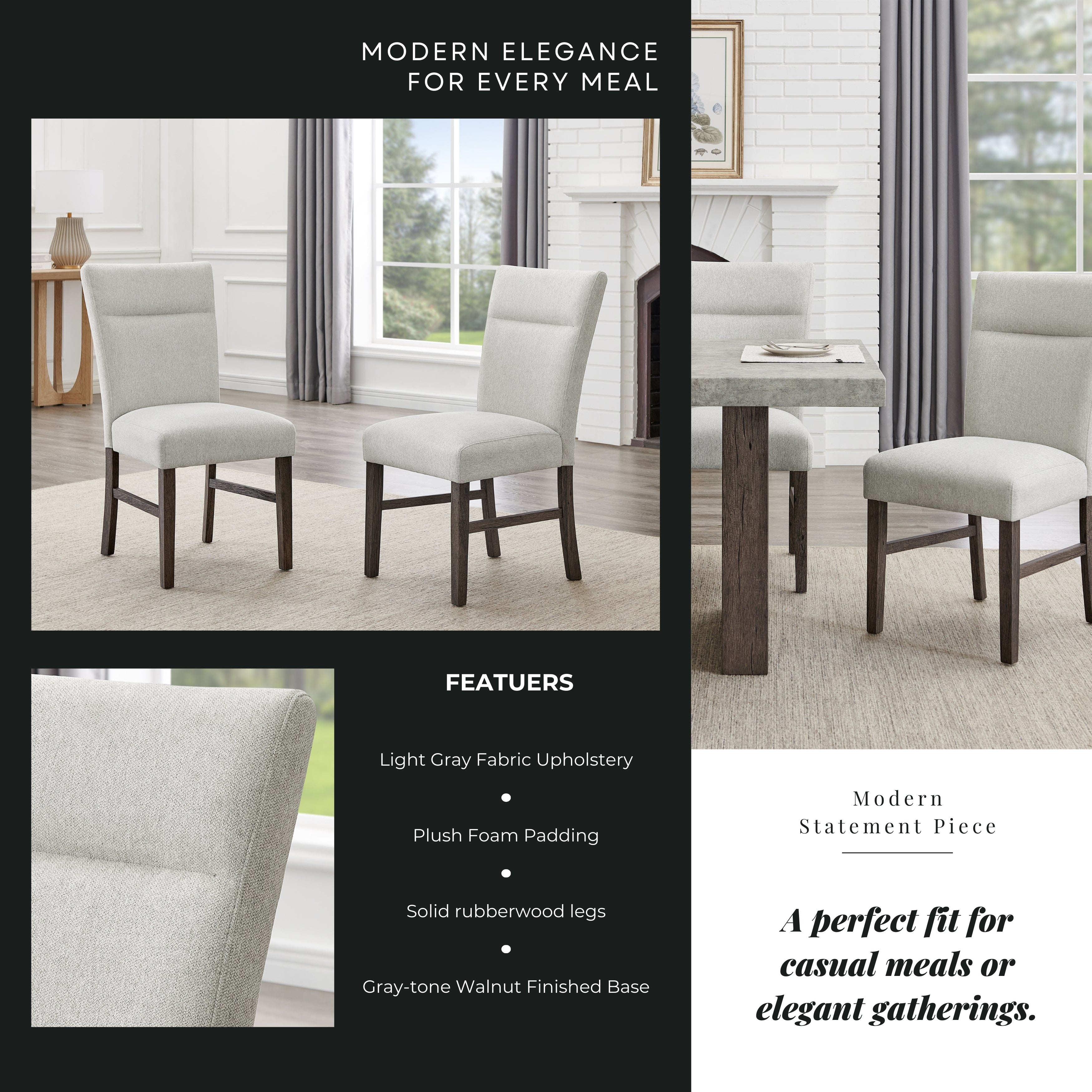 Roundhill Furniture Sorlen Modern Gray Upholstered Dining Chairs Set of 2 - Stylish Comfort for Kitchen, Dining Room & Home Office
