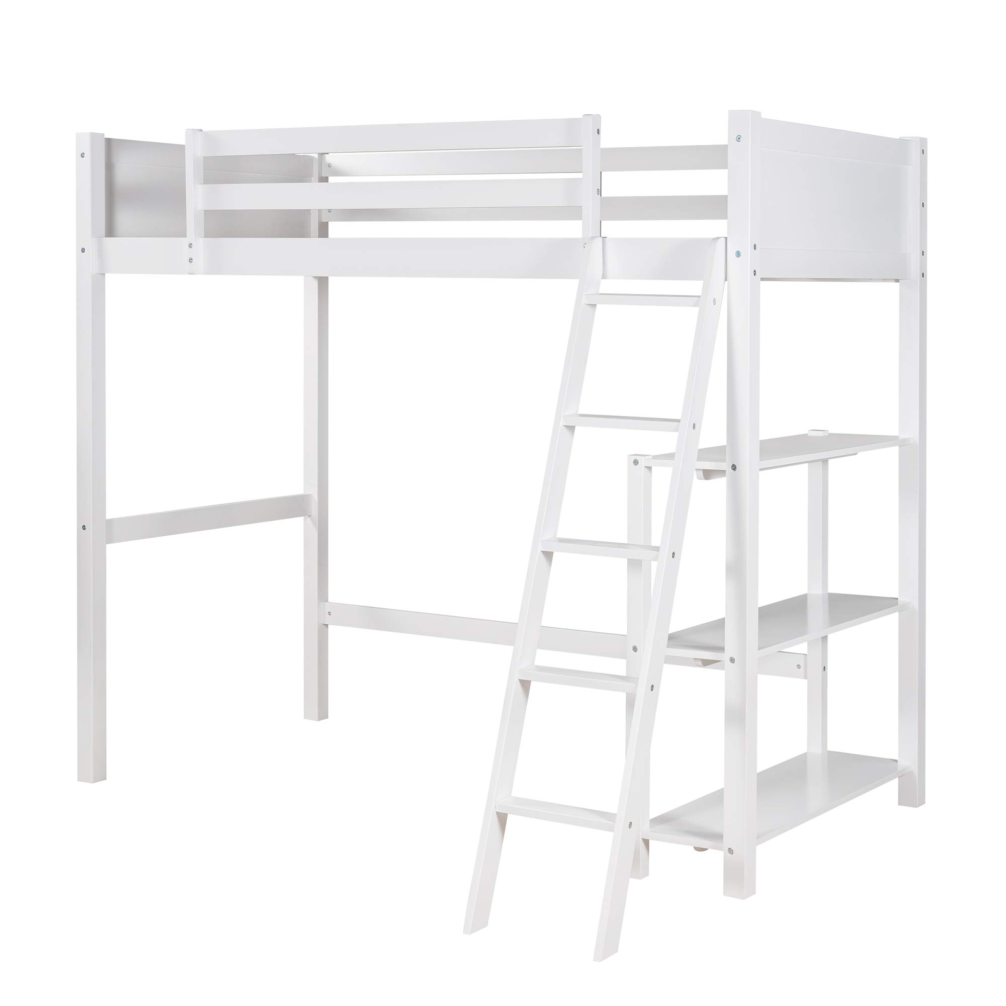**Wooden Twin Loft Bed for Kids with Storage Shelves & Angled Ladder - No Box Spring Needed, White - Perfect for Small Bedrooms & Space-Saving Kids' Rooms**