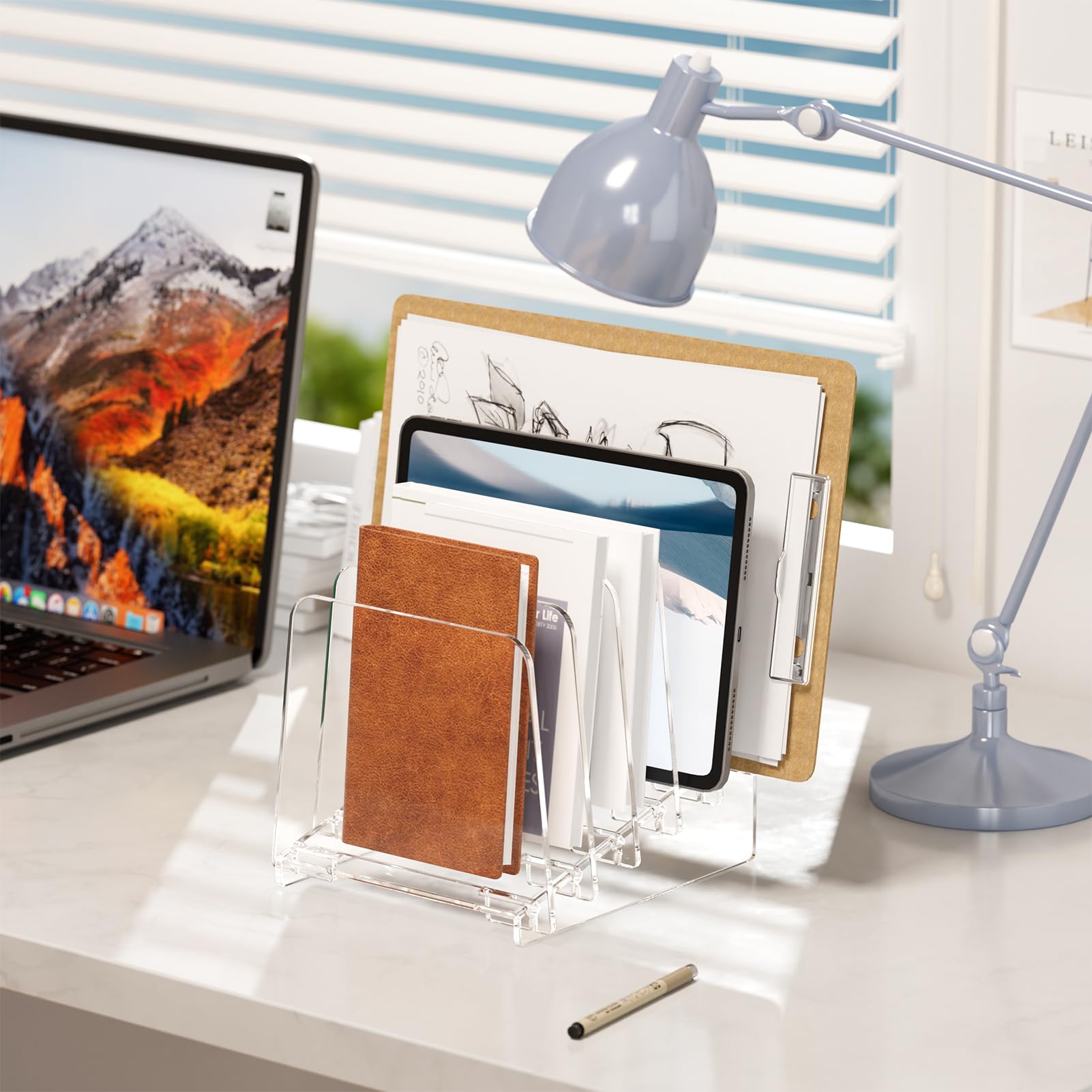 MaxGear 5-Section Clear Acrylic Vertical Desk File Organizer - Inclined Document Holder for Office, School & Home - Perfect for Bills, Letters, Notebooks and Office Supplies Organization
