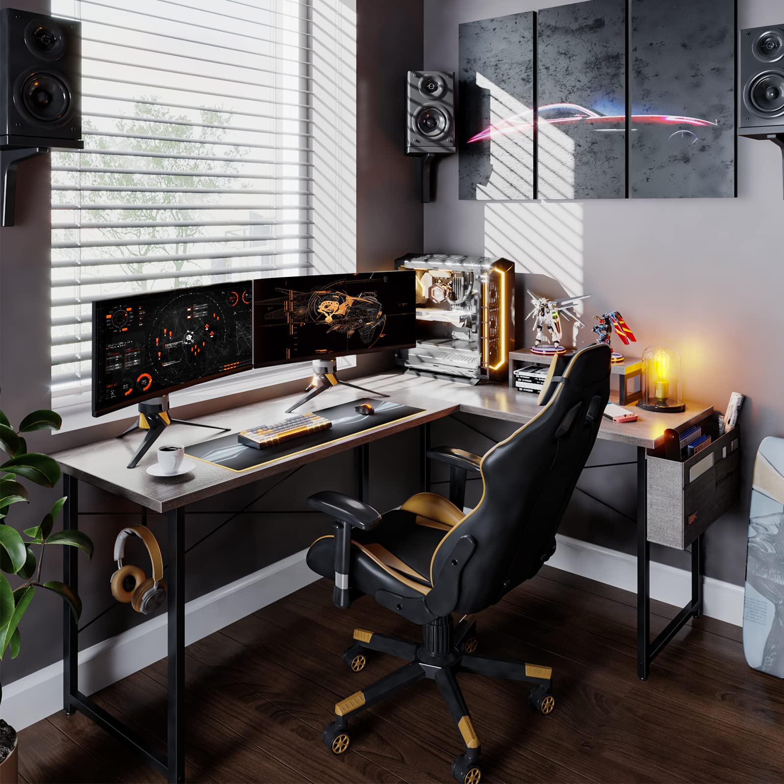 ODK 59 Inch L-Shaped Modern Gray Oak Computer Desk - Home Office & Gaming Workstation with Monitor Shelf, Space-Saving Design for Small Rooms & Apartments