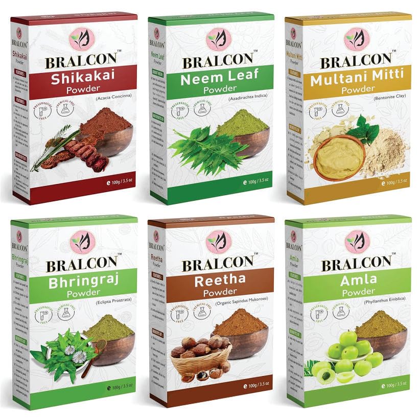 BRALCON Organic Hair Care Powder Combo - 600g (6 x 100g) | Amla, Reetha, Shikakai, Bhringraj, Neem Leaf & Multani Mitti Powder | Promotes Hair Growth & Healthy Scalp | Natural Solution for Dandruff, Hair Fall & Shine | Perfect for DIY Hair Masks & Ayurvedic Treatments