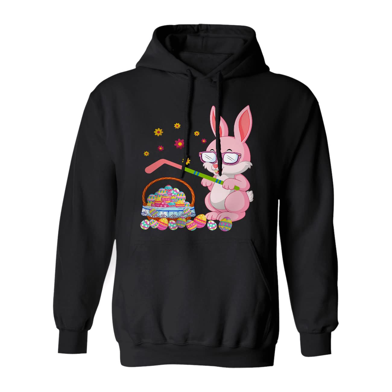 Funny Easter Bunny Playing Hockey with Egg Basket Hoodie - Cute Hockey Player Lover Gift for Men & Women - Cozy Sweatshirt for Easter Celebrations, Hockey Games & Casual Wear
