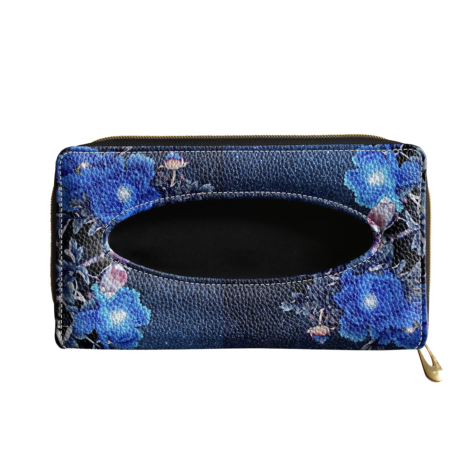 Elegant Blue Floral Print PU Leather Car Tissue Box Holder - Women's Sun Visor Napkin Dispenser for Van, Truck & Vehicle Backseat | Perfect for Road Trips & Daily Commute
