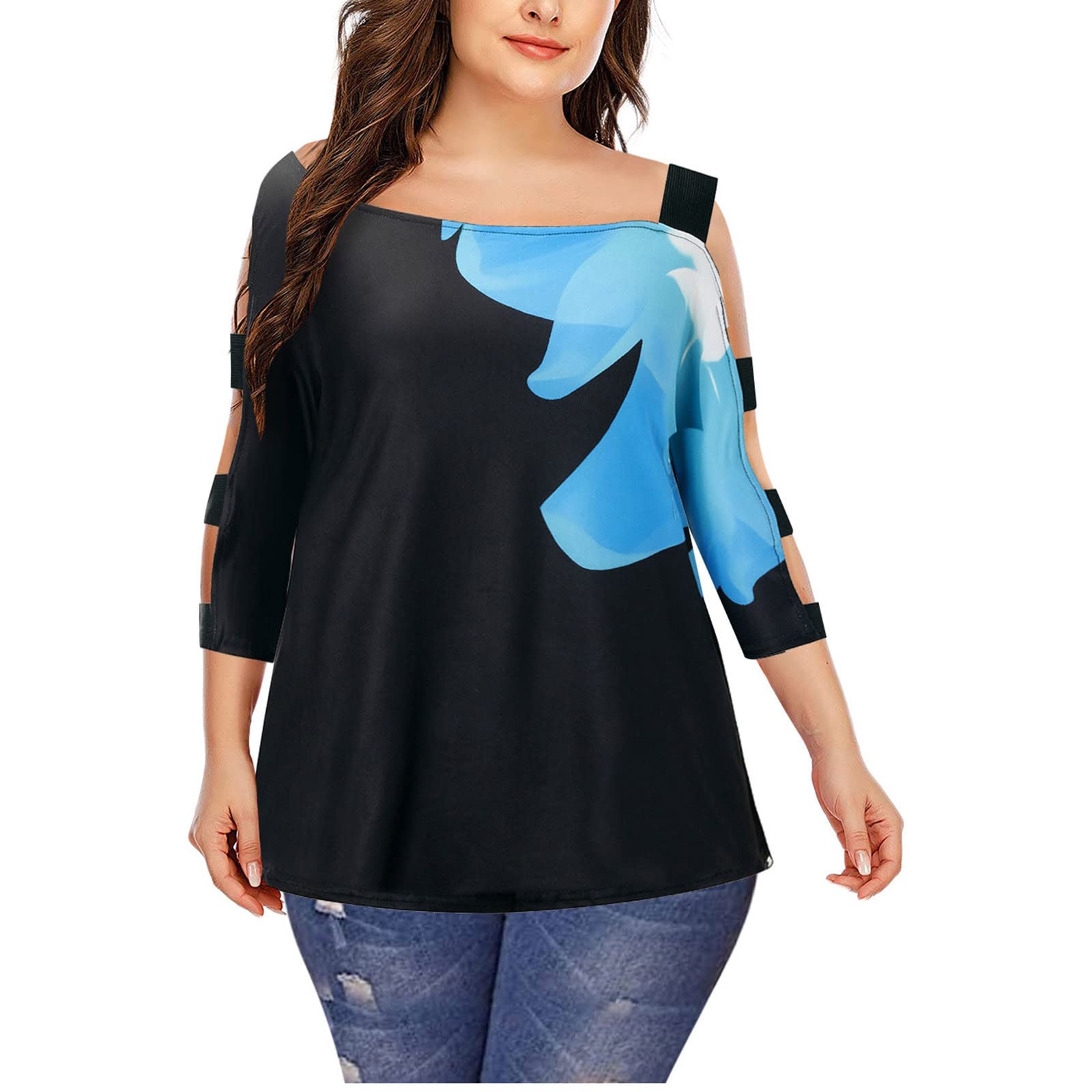 Stylish Women's Floral Print Blouse - Sexy Casual 3/4 Sleeve Cutout T-Shirt with One Word Collar | Plus Size Black Top for Party, Date Night & Summer Outfits
