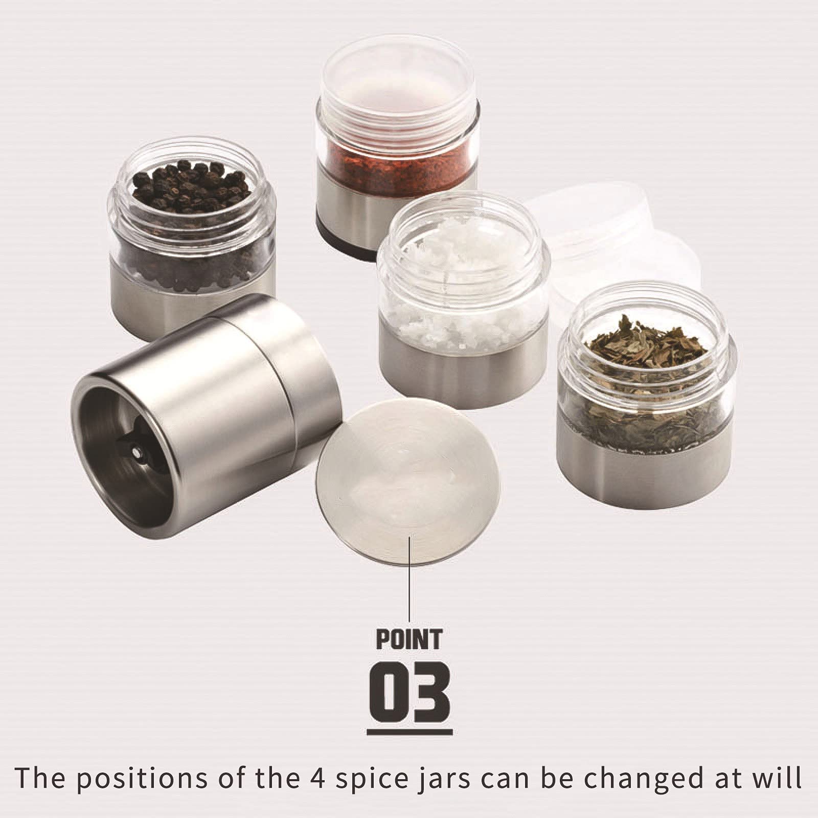Premium Stainless Steel Spice Bottle Set with 4 Jars & Grinder - Stackable Portable Condiment Storage for Outdoor BBQ, Camping, Picnic & Travel - Perfect for Kitchen, RV & Backpacking Adventures