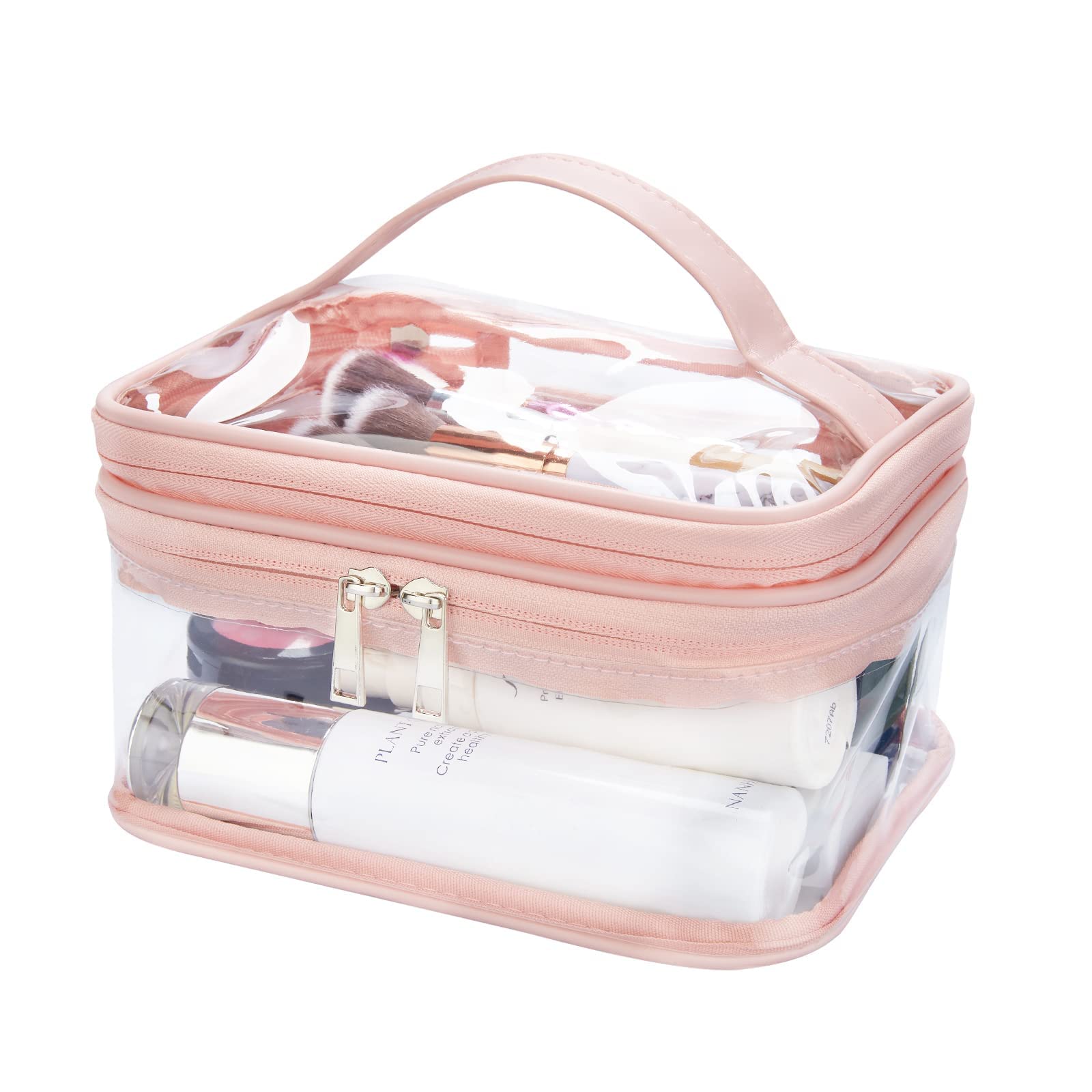 Double Layer Clear Cosmetic Bag - Waterproof Travel Makeup Organizer for Toiletries, Hair & Nail Accessories - Transparent PVC Beach Bag (Pink) | Perfect for Travel, Gym, Beach & Daily Organization