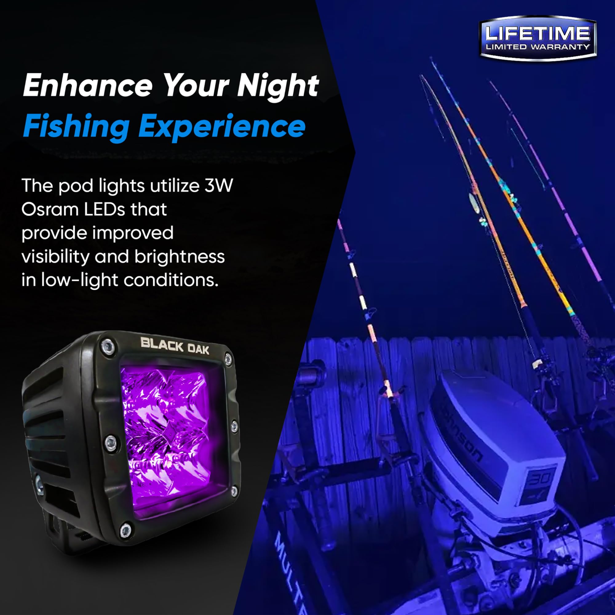 Black Oak 2 Inch LED Light Pods - Ultraviolet Blacklight, Waterproof Marine Rated for Night Fishing, Truck & Boat Lighting | Perfect for Off-Road, Underwater & Outdoor Adventures