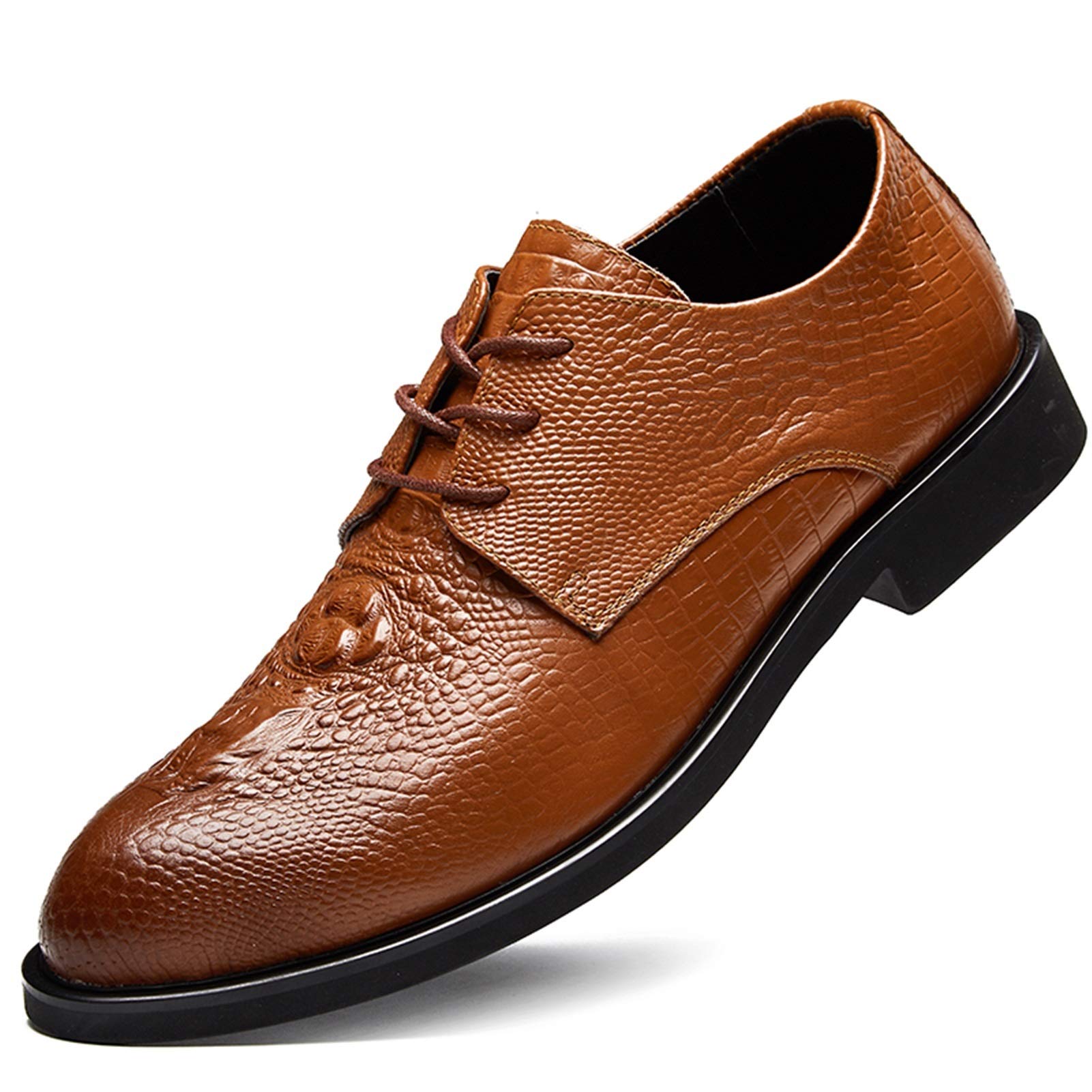 Premium Men's Oxford Dress Shoes - Genuine Leather Lace-Up Derby with Crocodile Embossed & Burnished Toe | Anti-Slip Rubber Sole & Comfortable Block Heel | Perfect for Business, Formal Events & Office Wear