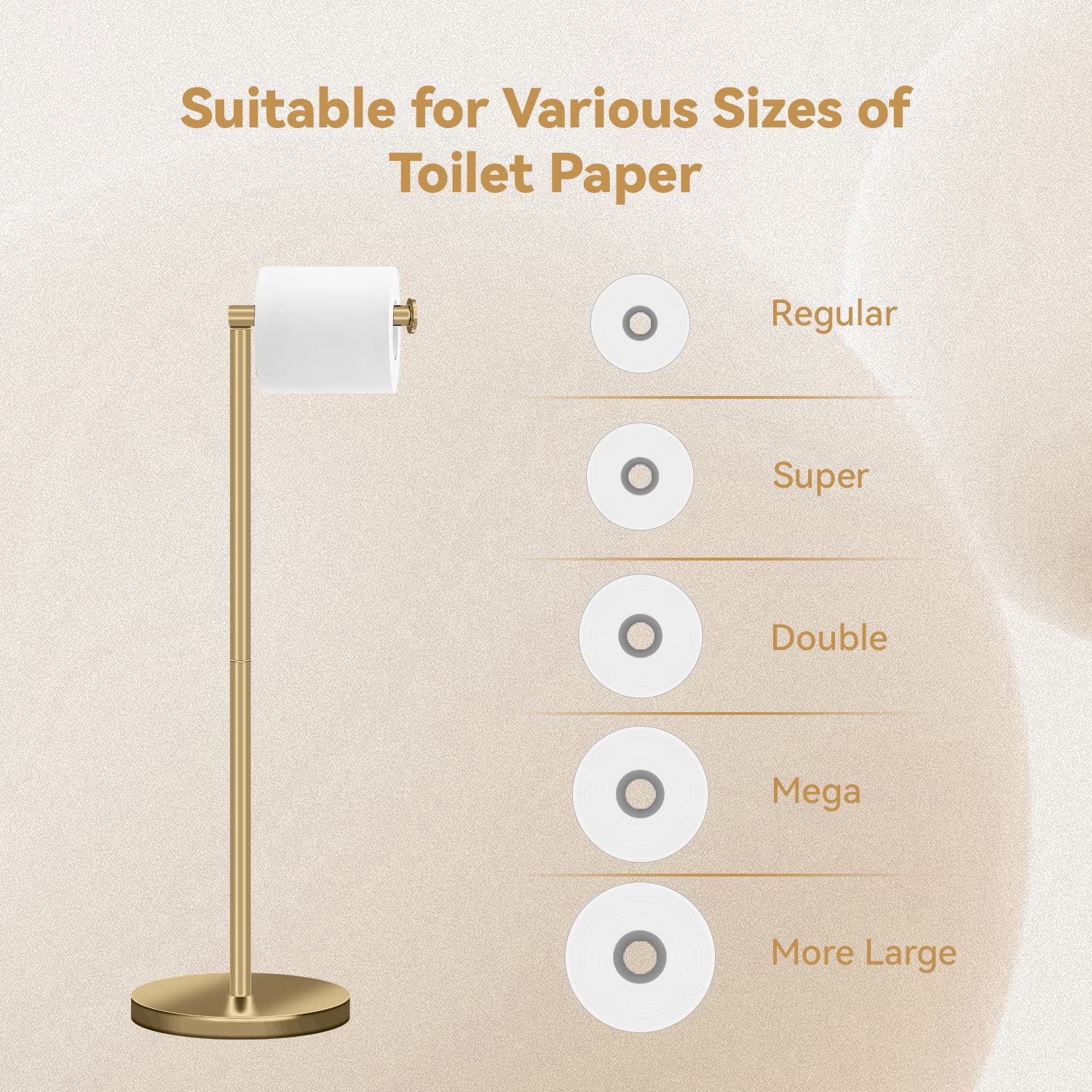 RRM Free Standing Toilet Paper Holder Stand - 22-Inch Stainless Steel Bathroom Tissue Dispenser with Reserve Storage for 3-4 Rolls (Golden) - Perfect for Home, Office & Guest Bathrooms