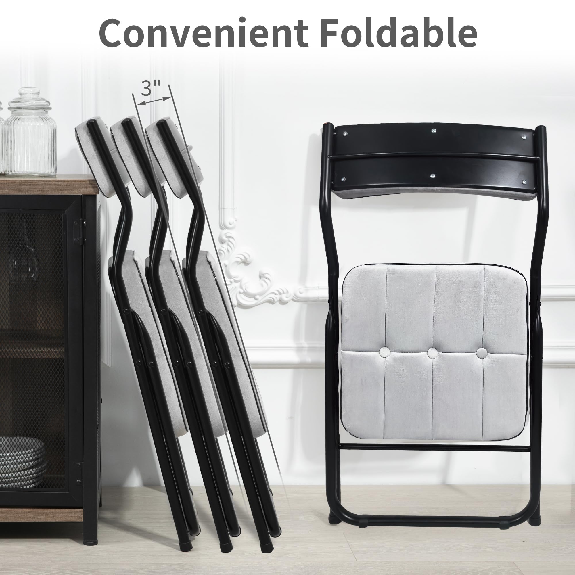 HOMEFUN 4 Pack Padded Folding Chairs with Cushion - Foldable Dining Chairs for Kitchen, Office, Wedding & Party - Portable Extra Seating for Guests (Gray) - Perfect for Indoor & Outdoor Events, Camping & Home Use