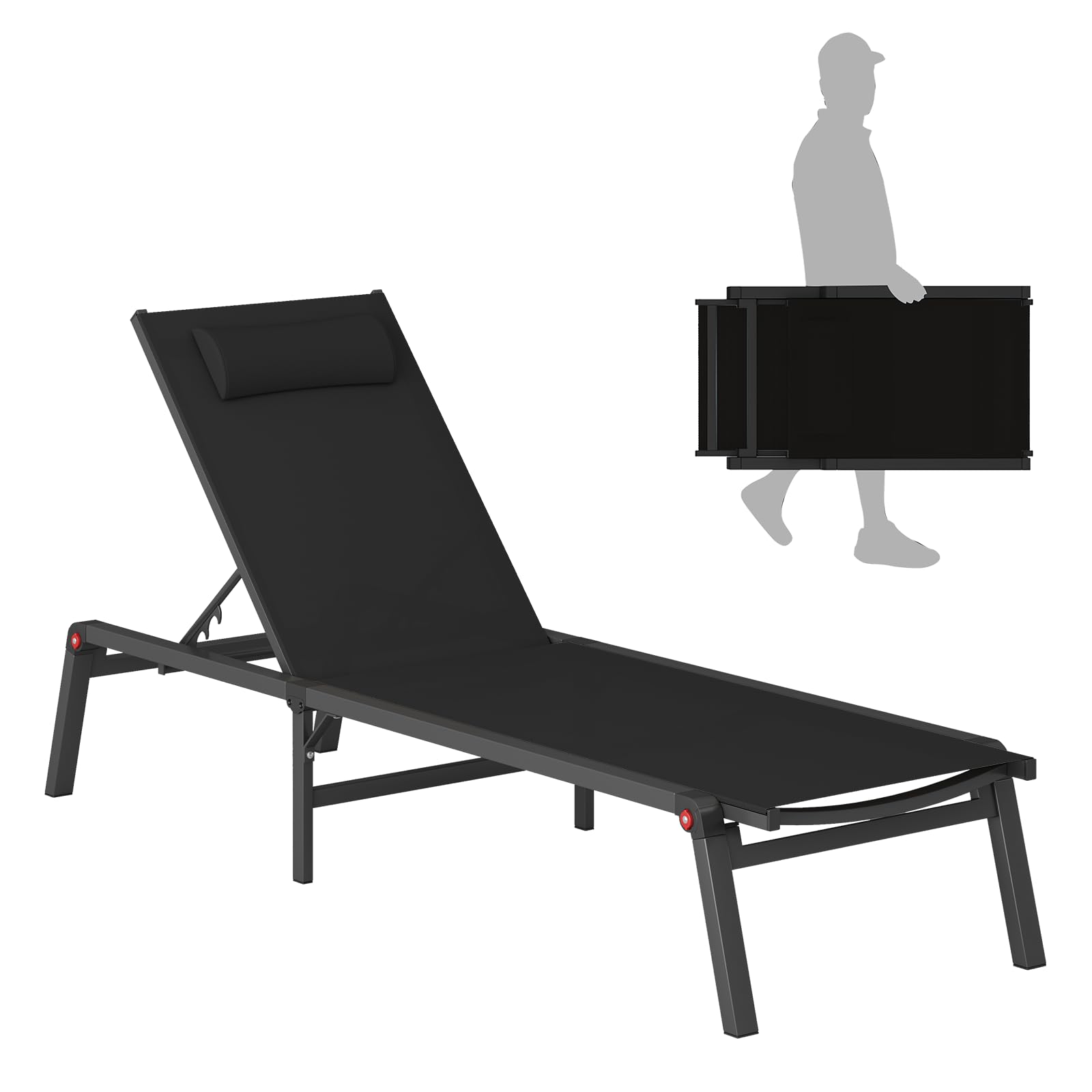**5-Position Adjustable Aluminum Folding Chaise Lounge Chair - Outdoor Recliner for Patio, Pool, Beach & Tanning - Heavy Duty Black Poolside Sunbathing Chair**    *(Perfect for Relaxing by the Pool, Lounging in the Backyard, or Sunbathing at the Beach - Lightweight & Portable for Easy Storage & Travel)*