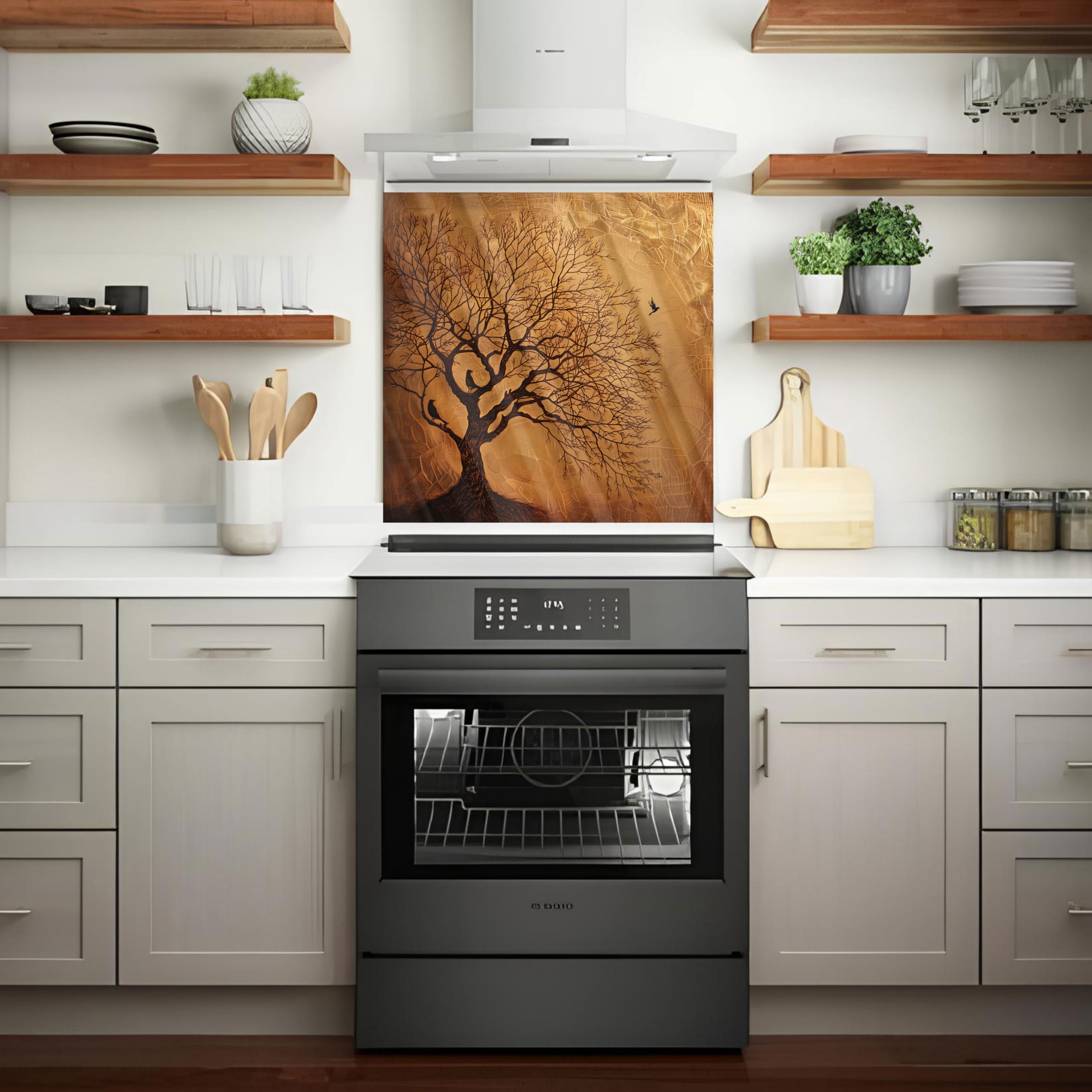 Tree of Life Tempered Glass Kitchen Backsplash - Heat Resistant, Easy to Clean Stove Backsplash, Stick-On Tiles for Modern Kitchen Walls, Perfect for Cooking and Baking Spaces