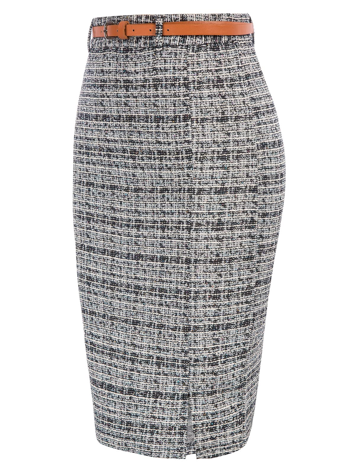Kate Kasin Women's Tweed Pencil Skirt - Knee-Length Stretch Office Skirt with Belt & Side Slit | Elegant Workwear for Business, Cocktail Parties & Professional Occasions