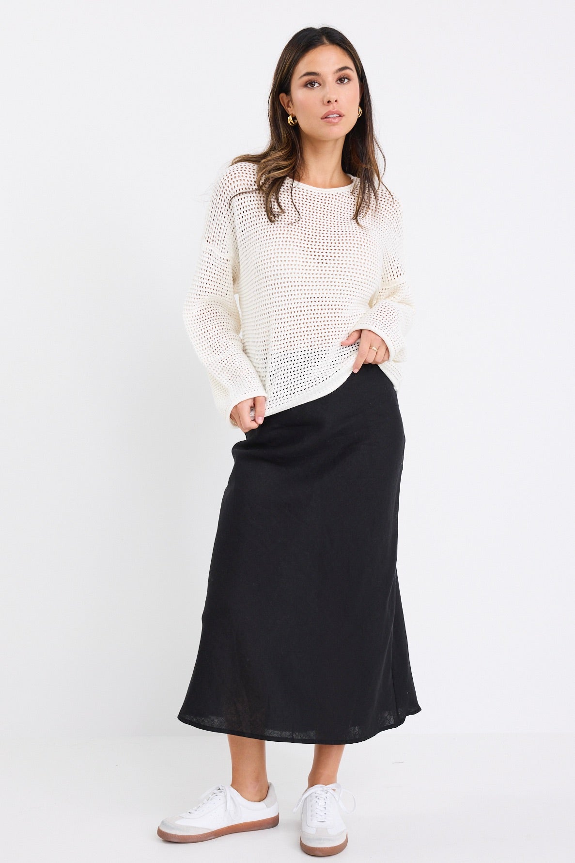 Bliss Black Linen Bias Midi Skirt for Women - Summer Casual A-Line Skirt with Side Slit - Perfect for Office, Date Night & Vacation