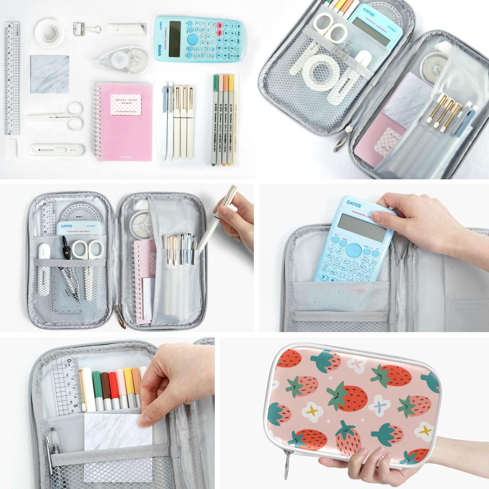 ZZKKO Strawberry Cute Pink Marble Pencil Case with Zipper - School Stationery Organizer, Makeup Bag & Cosmetic Pouch for Office Supplies (Perfect for School, Work & Travel Accessories Storage)